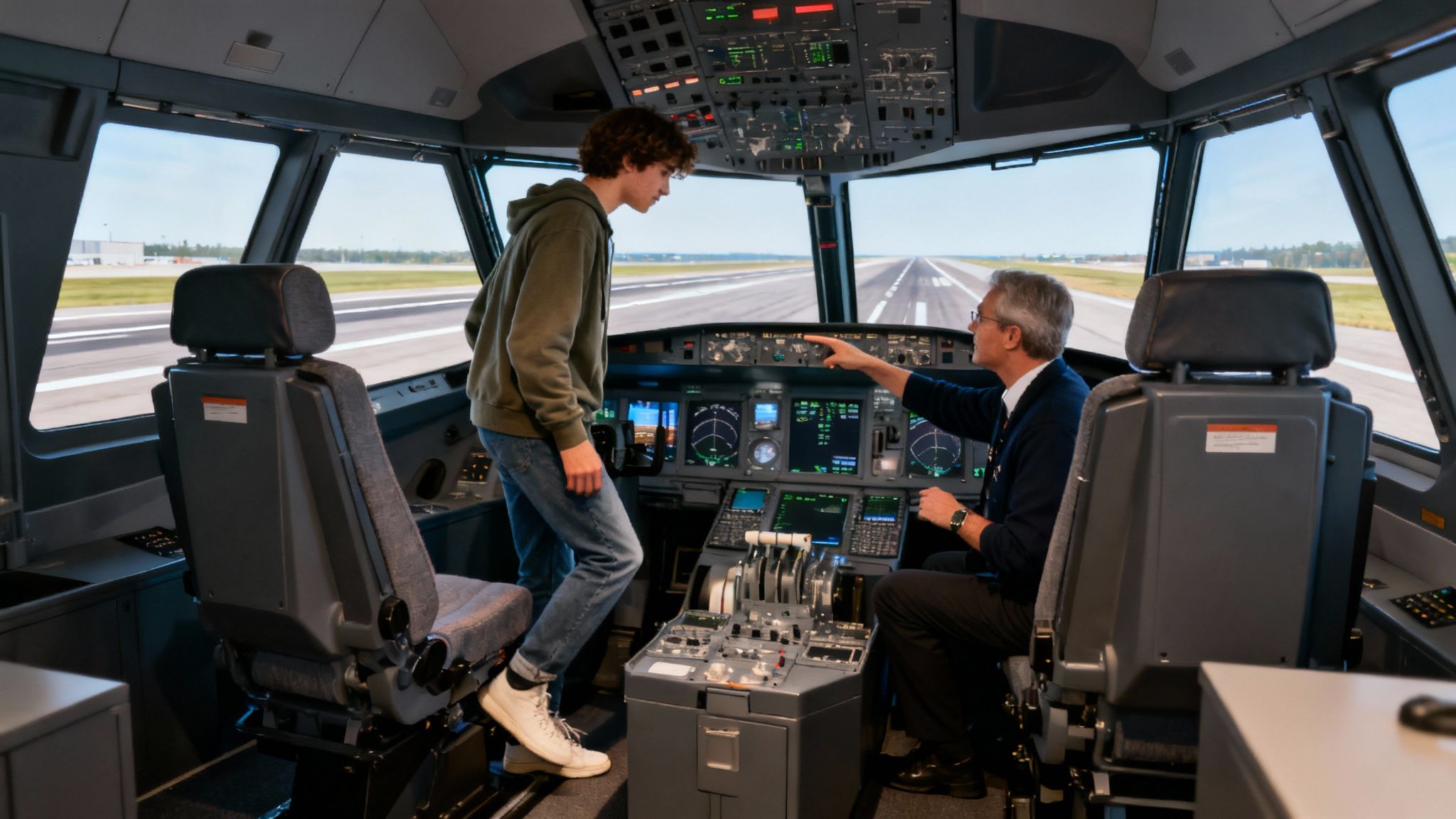 Two men interact in a realistic flight simulator cockpit with a view of a runway.