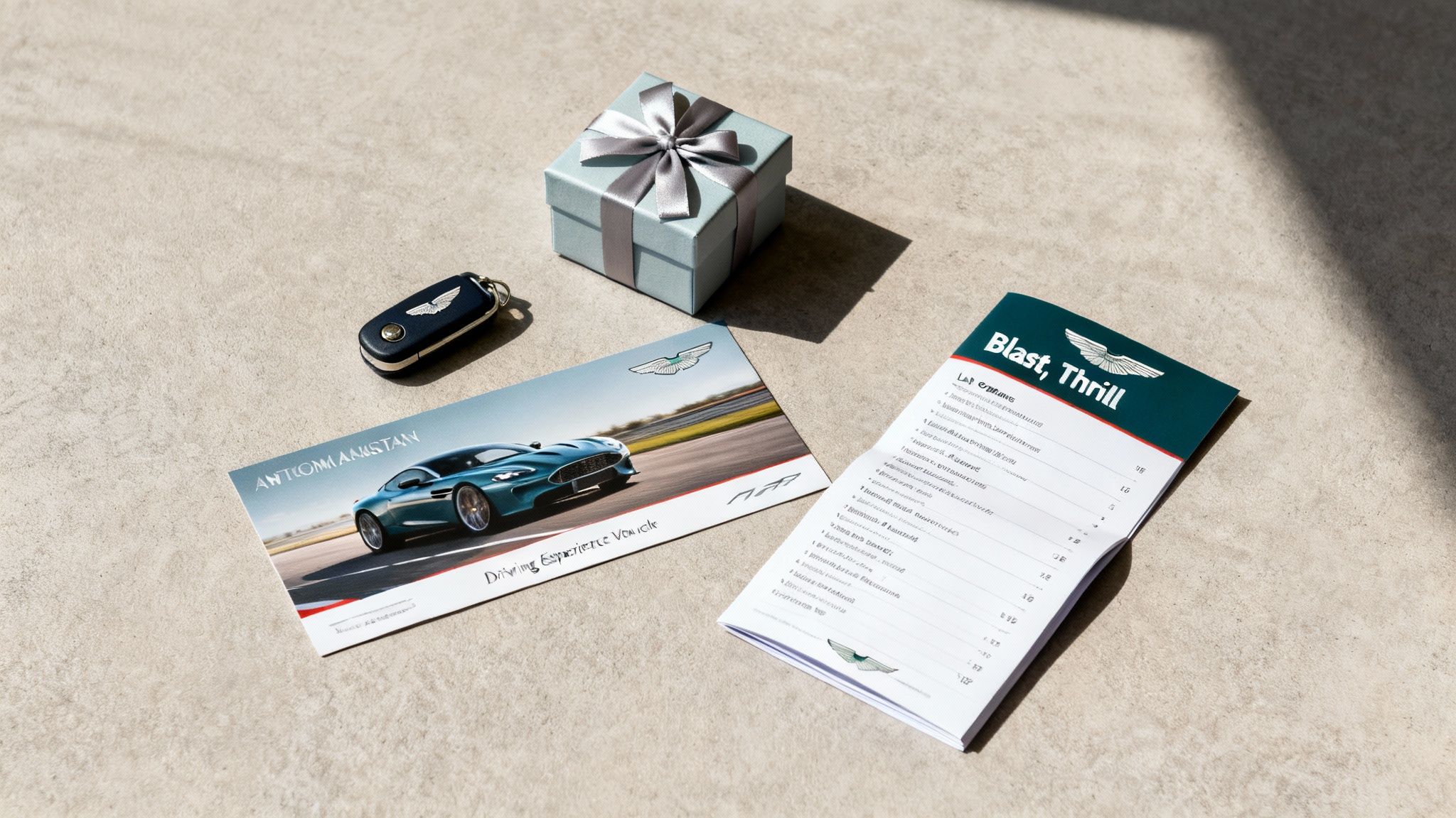 An Aston Martin car key, a gift box, and two brochures for a driving experience on a concrete surface.