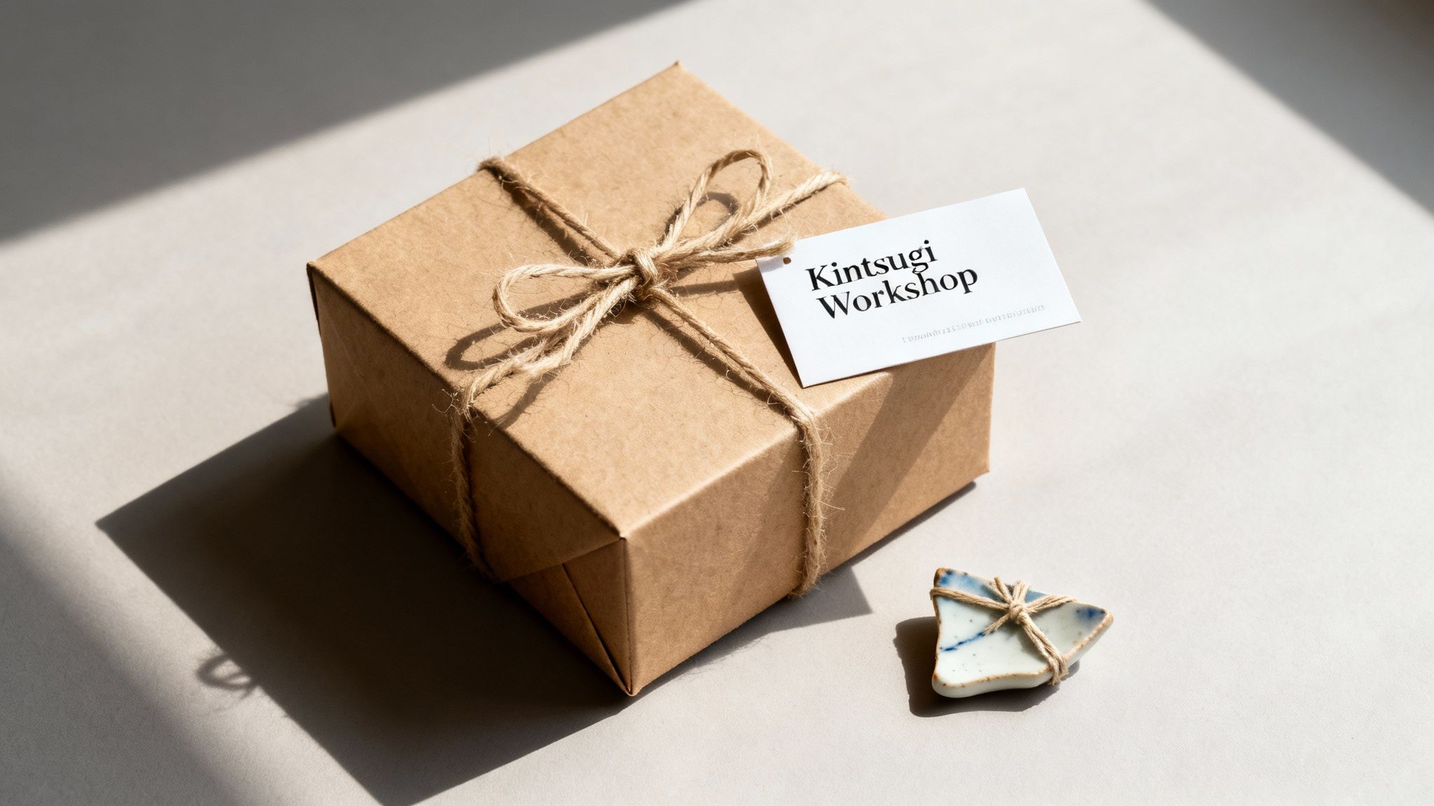 A rustic brown gift box tied with twine, featuring a 'Kintsugi Workshop' tag, next to a small ceramic piece.