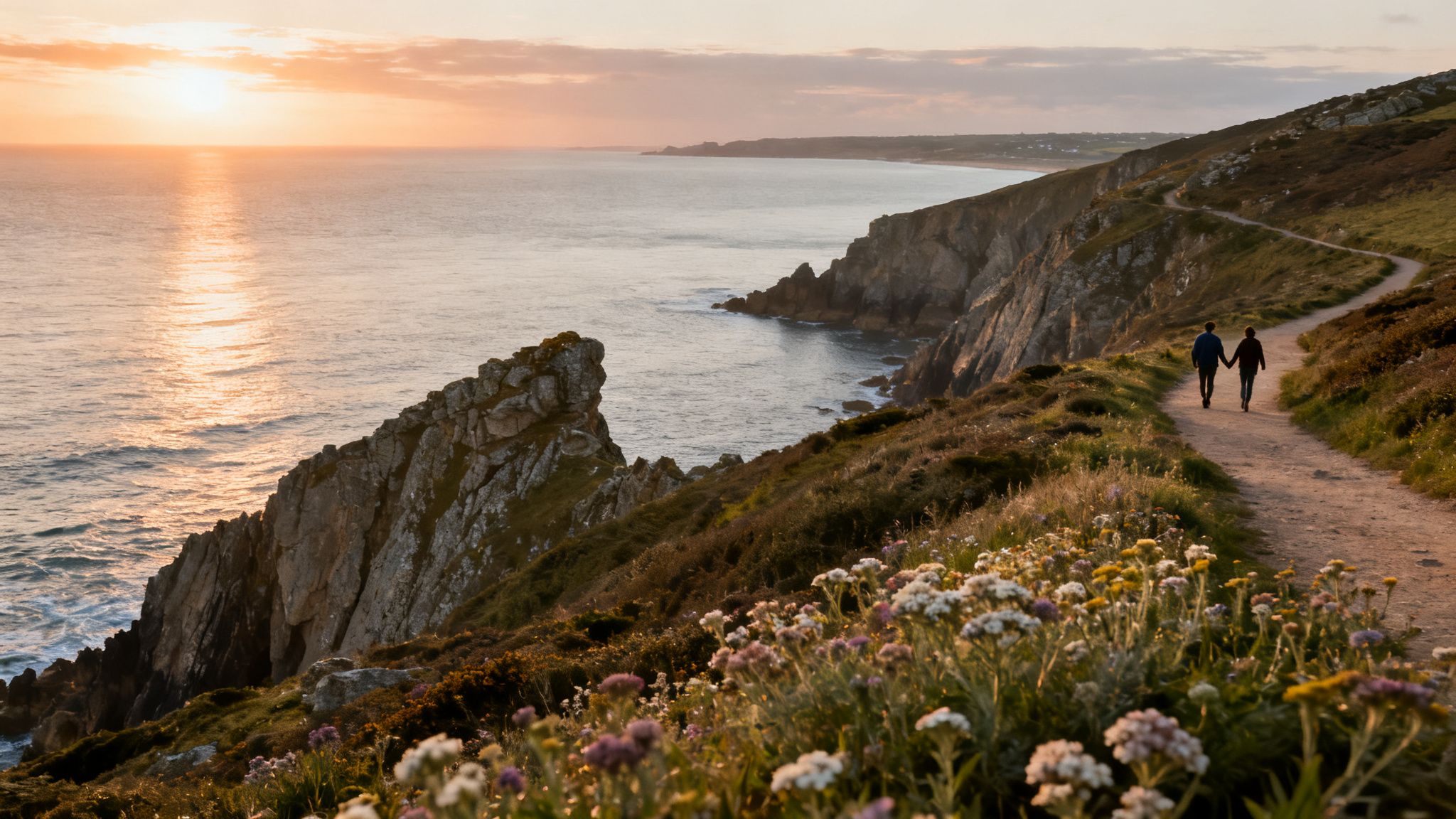 A couple walks hand-in-hand on a coastal path at sunset, overlooking cliffs and the ocean.