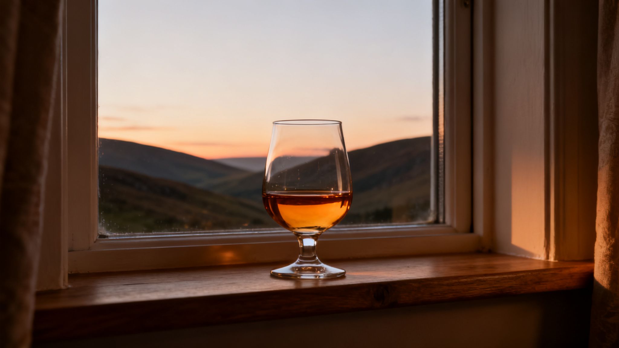 A glass of amber liquid on a wooden window sill, with a beautiful sunset over hills outside.