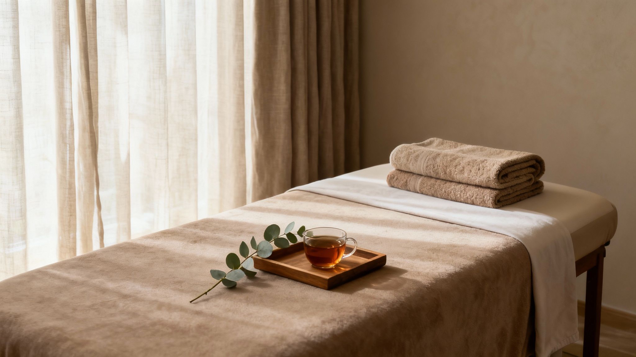 A tranquil spa room featuring a massage table with folded towels, tea, and eucalyptus.
