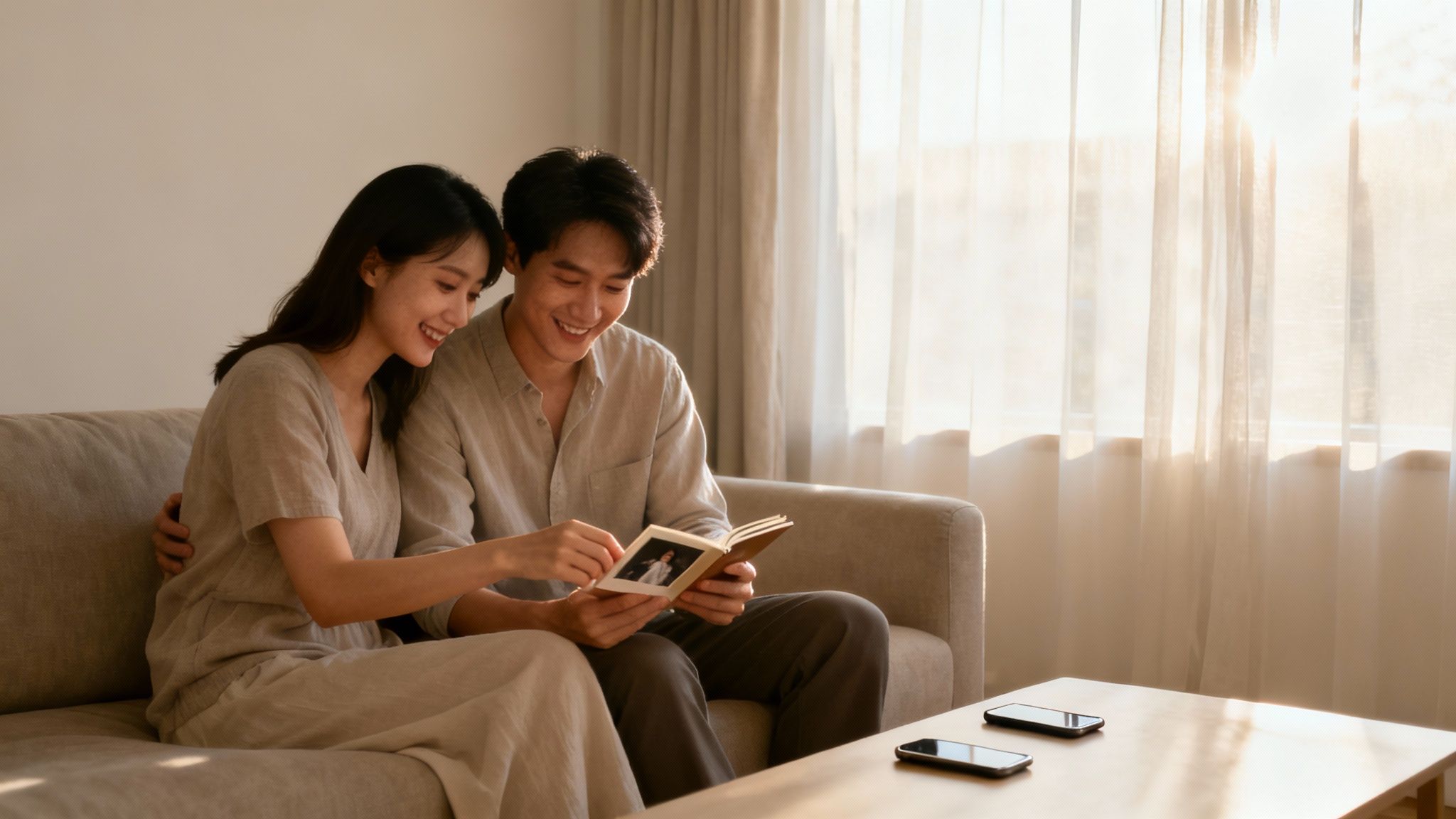 A couple looking through a photo album together, reminiscing about a shared experience.