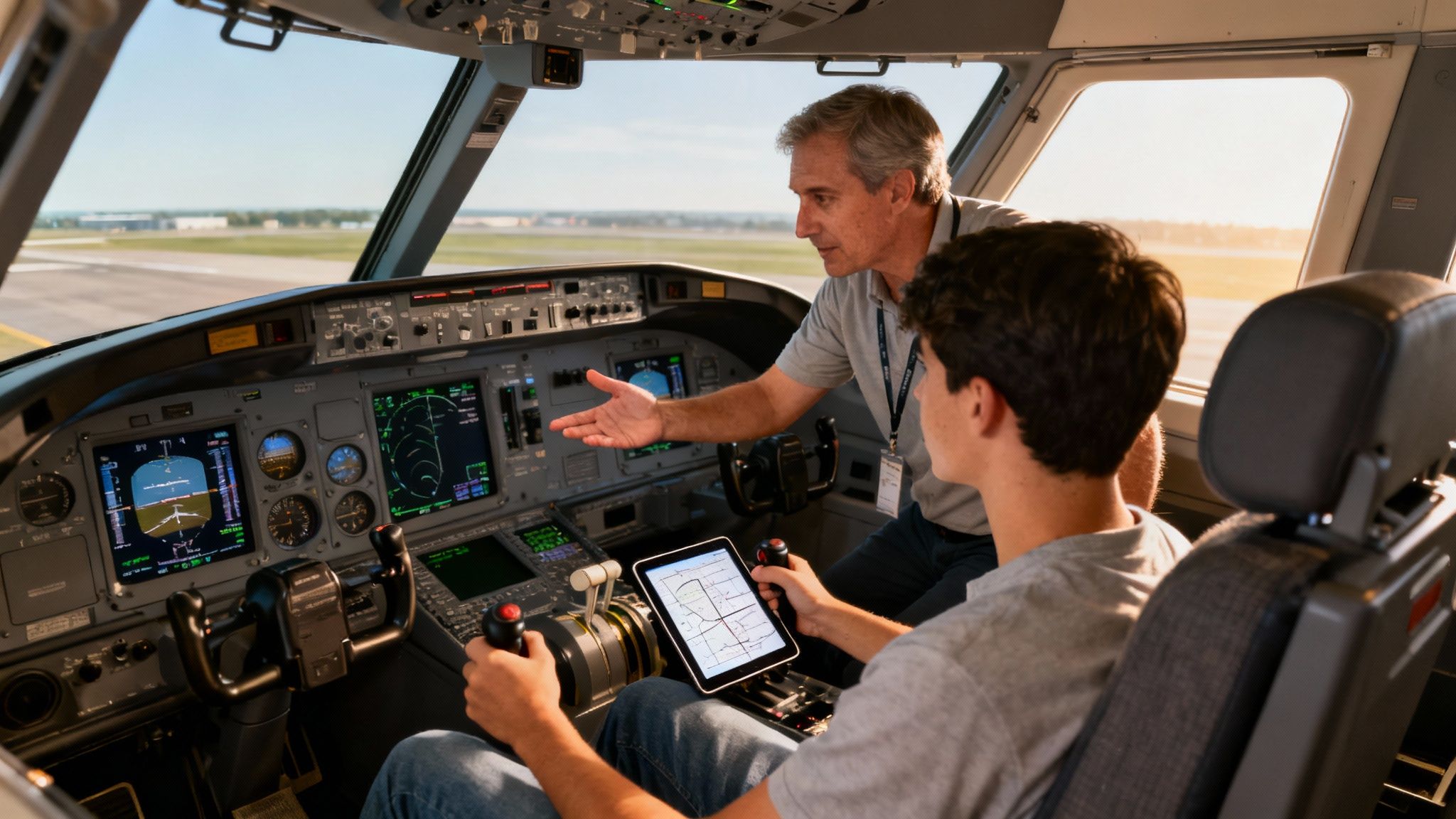 An instructor teaches a student pilot in a modern flight simulator cockpit, looking at instruments and a tablet.