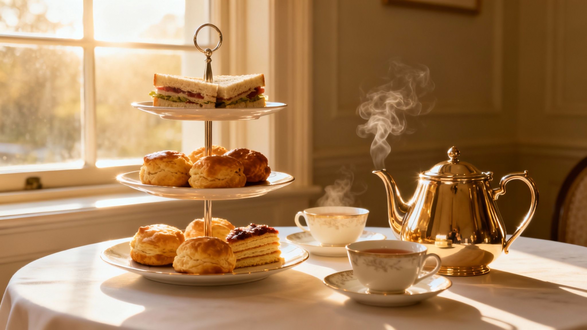 Elegant afternoon tea with sandwiches, scones, cake, a golden teapot, and steaming teacups by a sunny window.