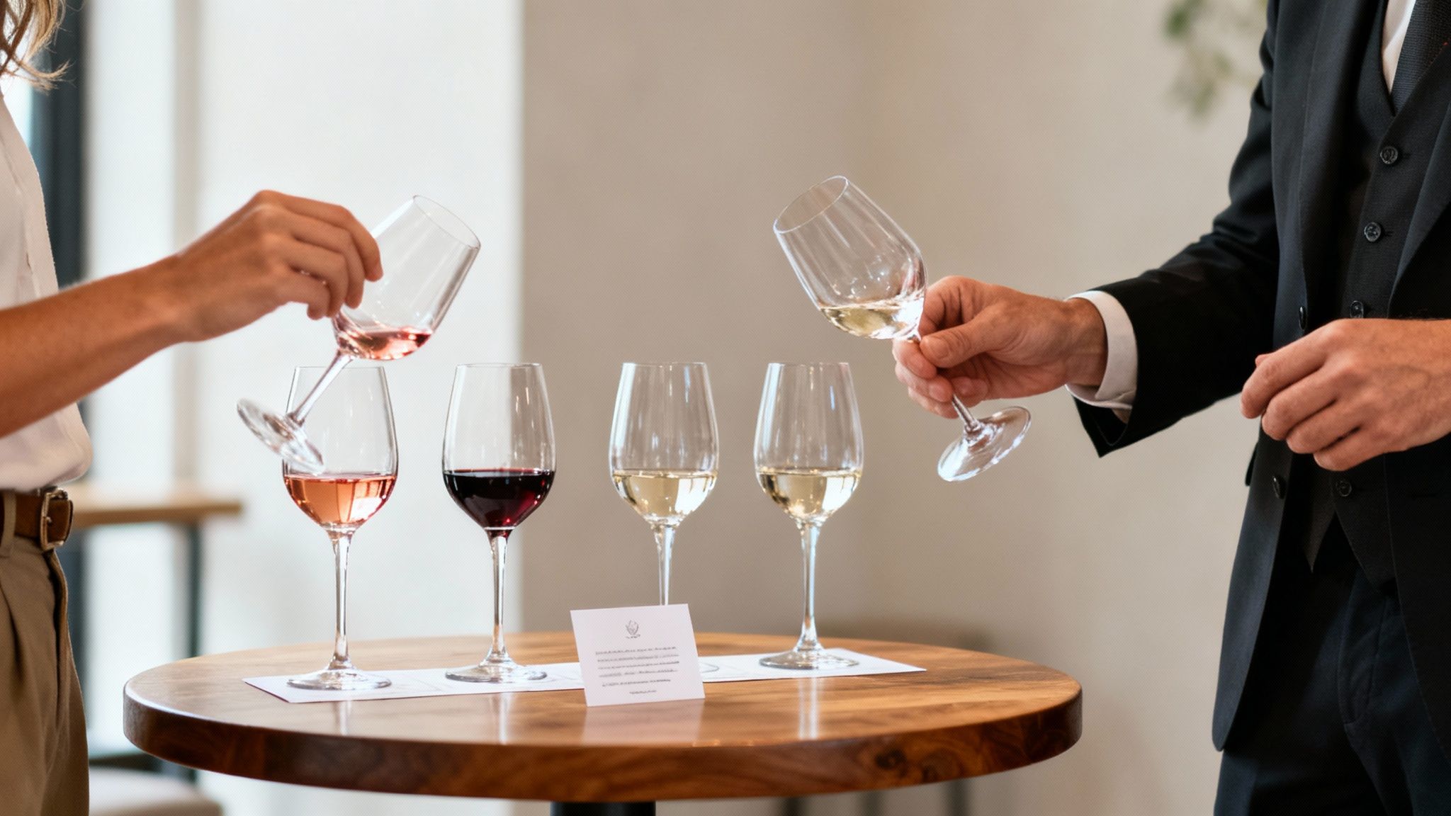 Two people are participating in a wine tasting, holding and swirling glasses of various wines on a wooden table.