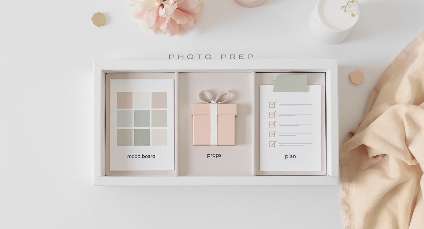 Flat lay of a white photo prep kit with a mood board, pink gift props, and a checklist plan.