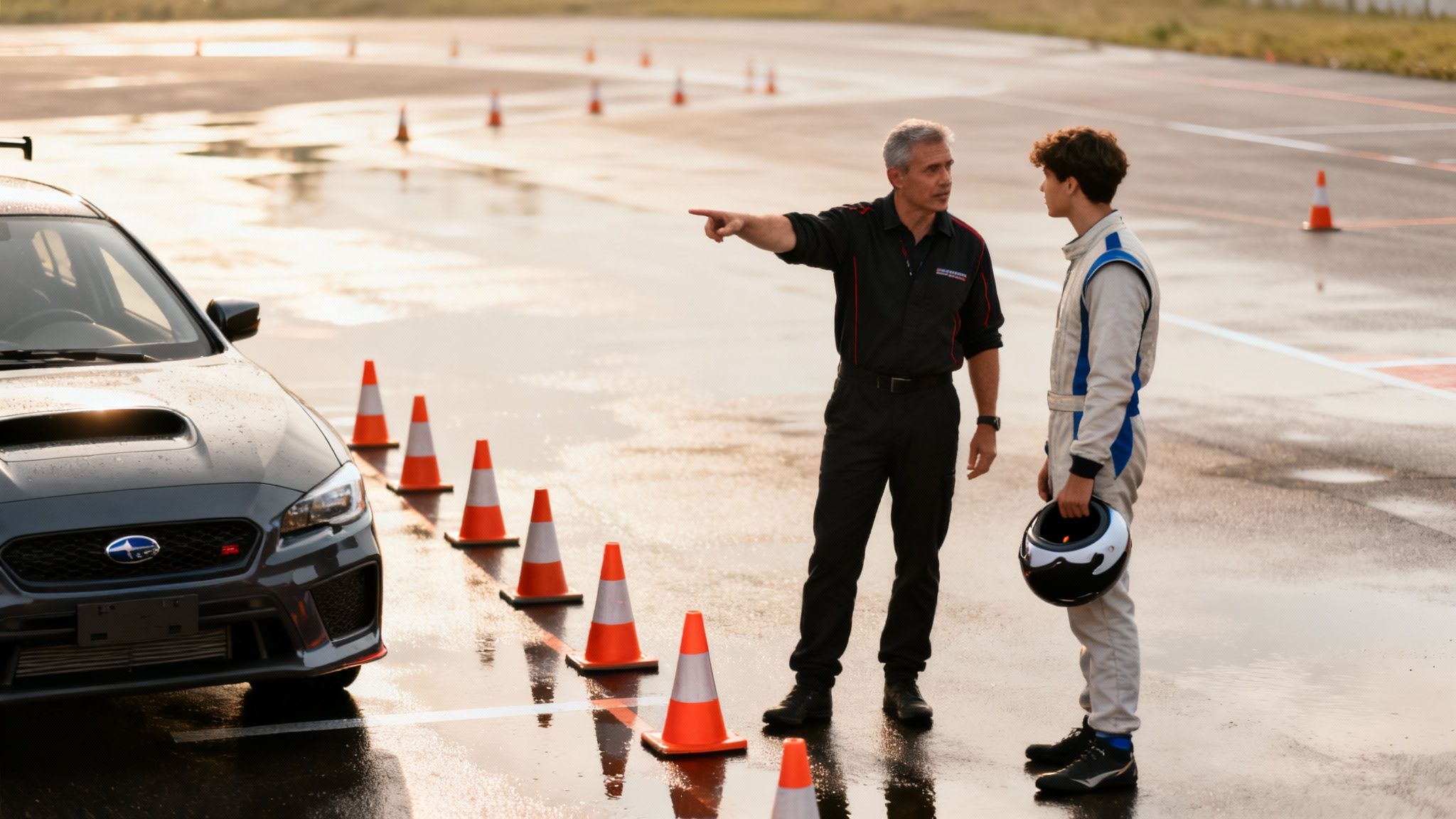 An instructor points on a wet track next to a Subaru, teaching a young driver holding a helmet.