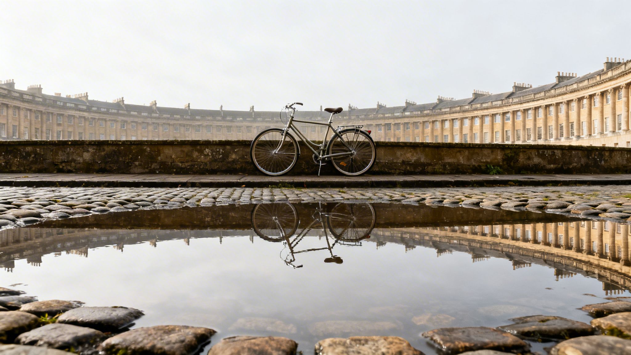 A bicycle parked by a stone wall, reflected in a large puddle before a grand curved building.