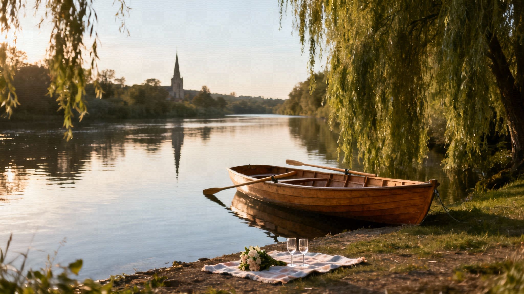 Romantic riverside picnic at sunset with a wooden boat, flowers, and champagne glasses.