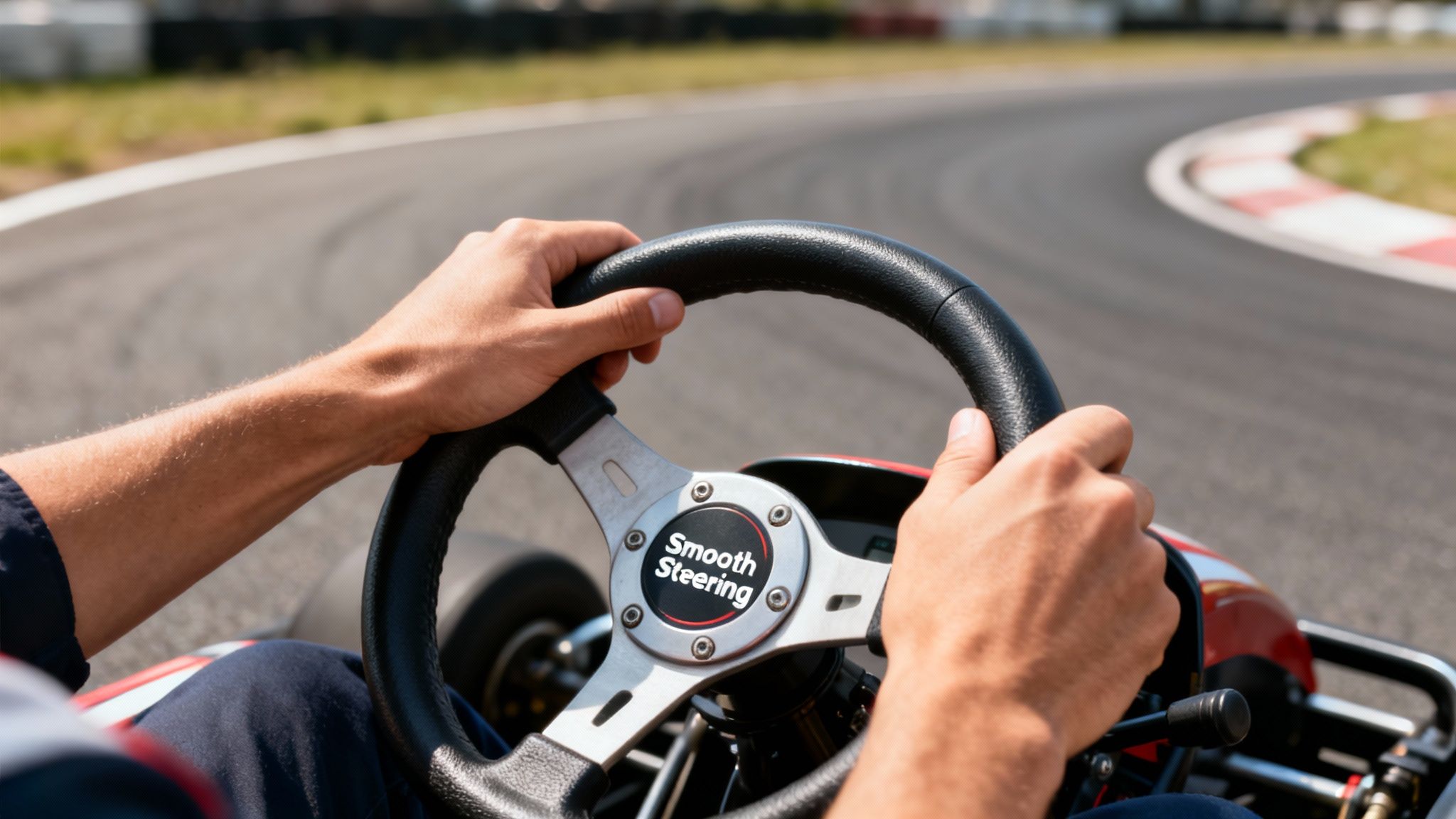 A person's hands gripping a go-kart steering wheel with 'Smooth Steering' on a race track.