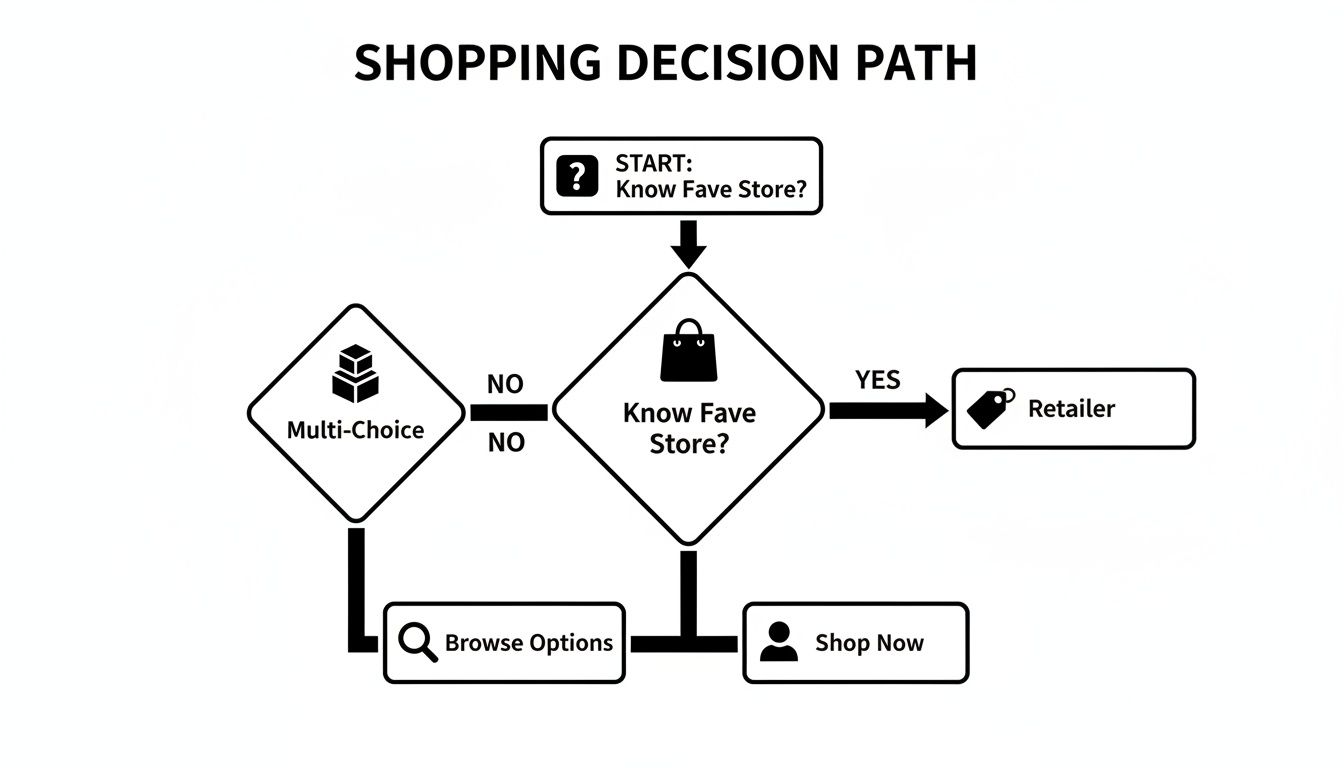 A shopping decision path flowchart, guiding users from knowing a favorite store to browsing or shopping.