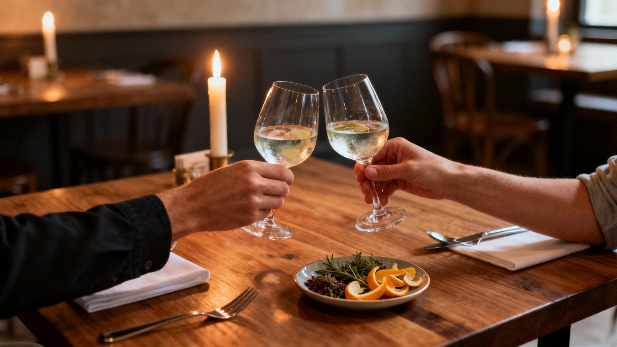 Two people toast white wine glasses in a candlelit restaurant, creating a romantic dinner scene.