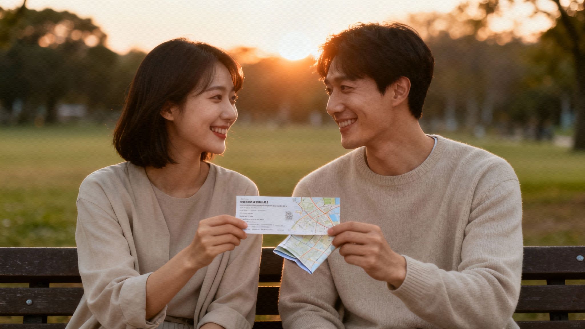 A happy couple smiling at each other, holding a map and tickets during sunset.