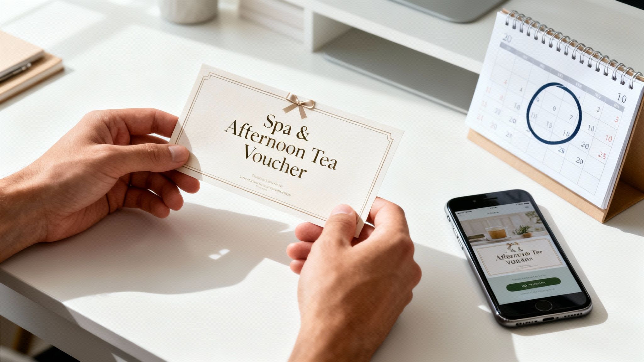 Close-up of hands holding a 'Spa & Afternoon Tea Voucher' with a smartphone and calendar on a desk.