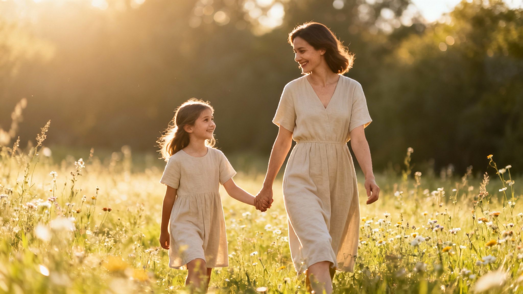 Mother and daughter walking hand-in-hand in a sunny wildflower field, smiling at each other.