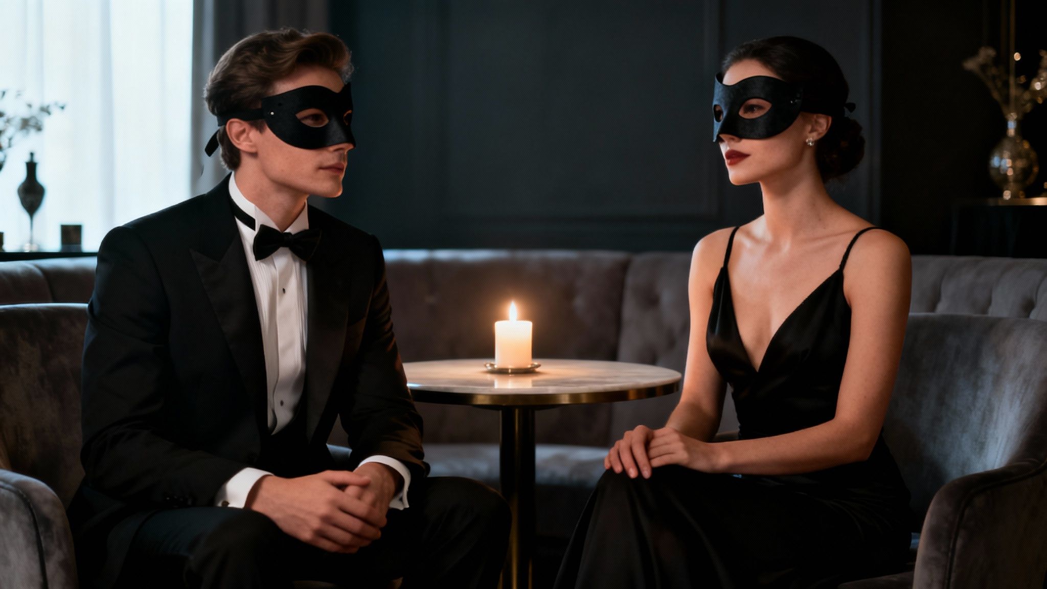 Elegant couple in black masquerade masks having a candlelit conversation in a luxurious setting.
