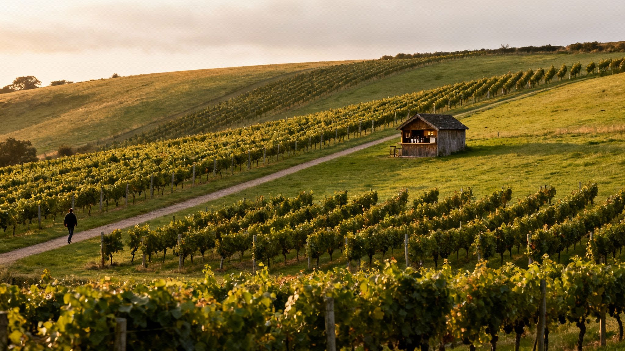 A person walks through a sunlit vineyard on rolling hills towards a rustic wooden wine bar at sunset.