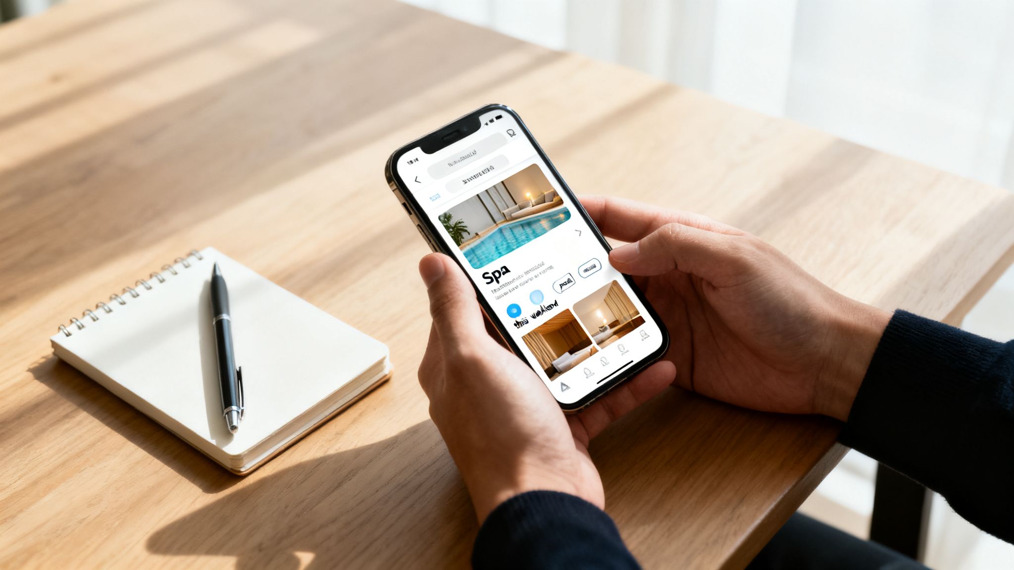 Close-up of hands holding a smartphone displaying a spa booking app, with a notebook and pen on a wooden desk.