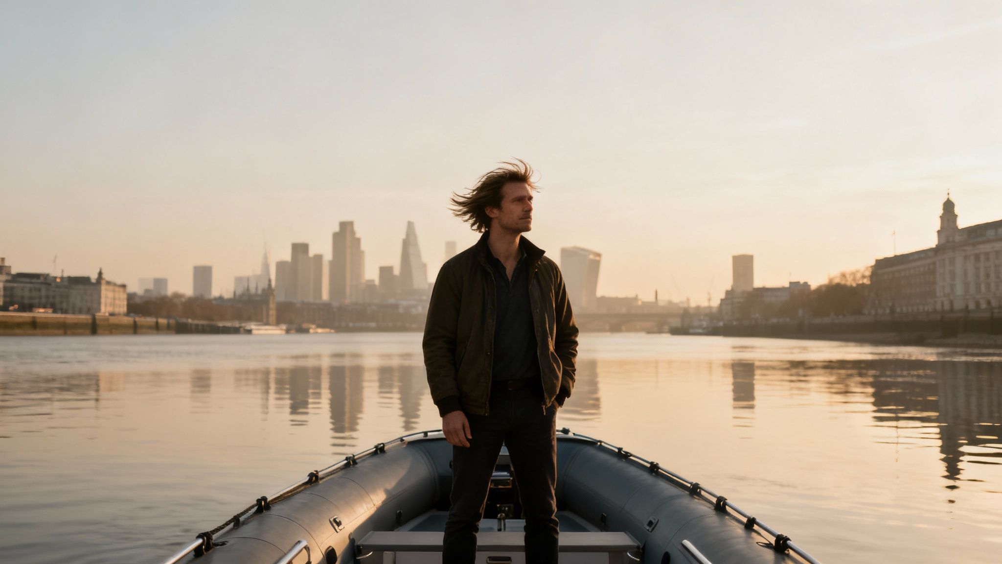 A man with windswept hair stands on a boat, looking at a city skyline at sunrise.