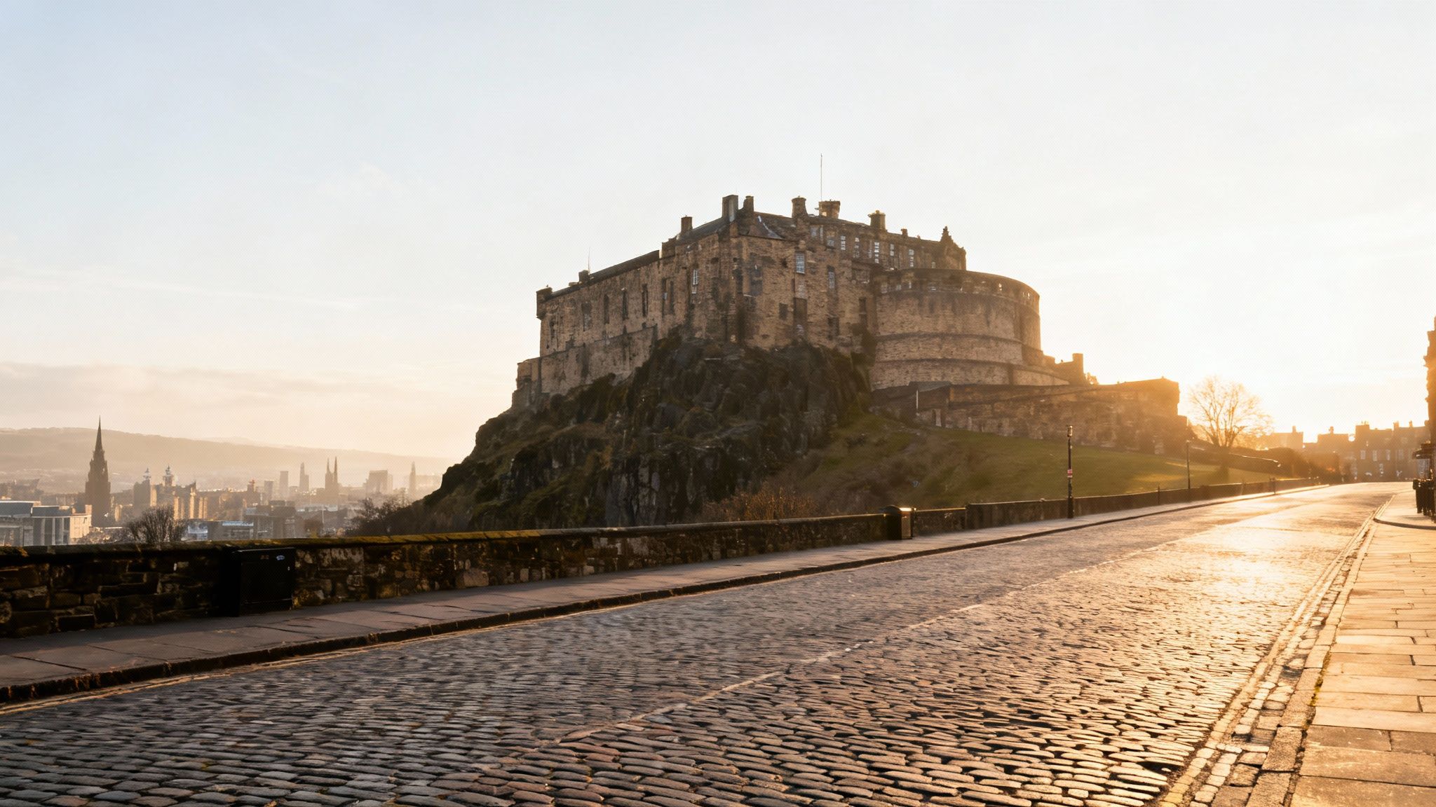 Historic Edinburgh Castle towering over a cobblestone street and city skyline at sunrise.