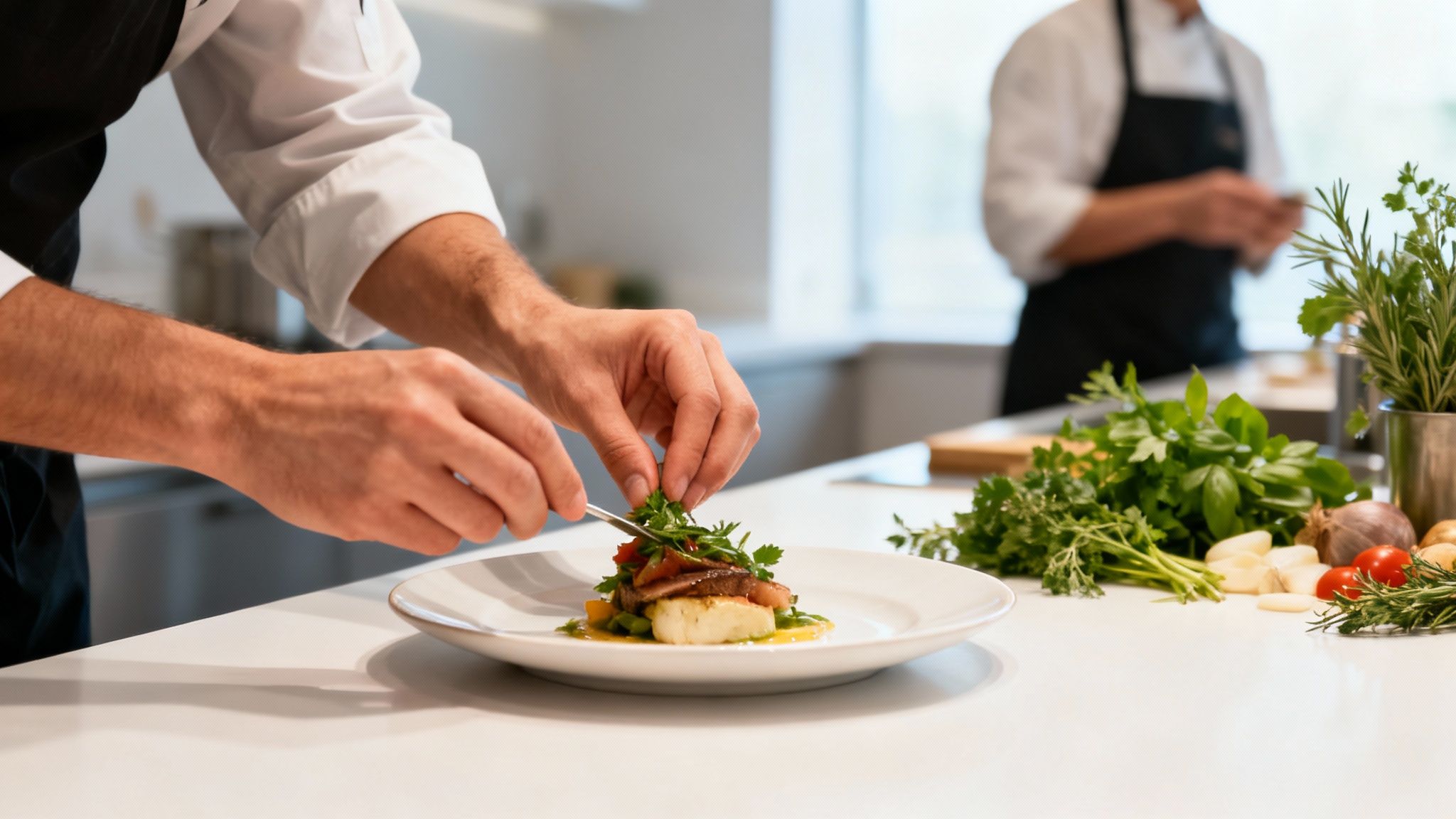 Close-up of a chef meticulously garnishing a gourmet dish with fresh herbs in a professional kitchen.