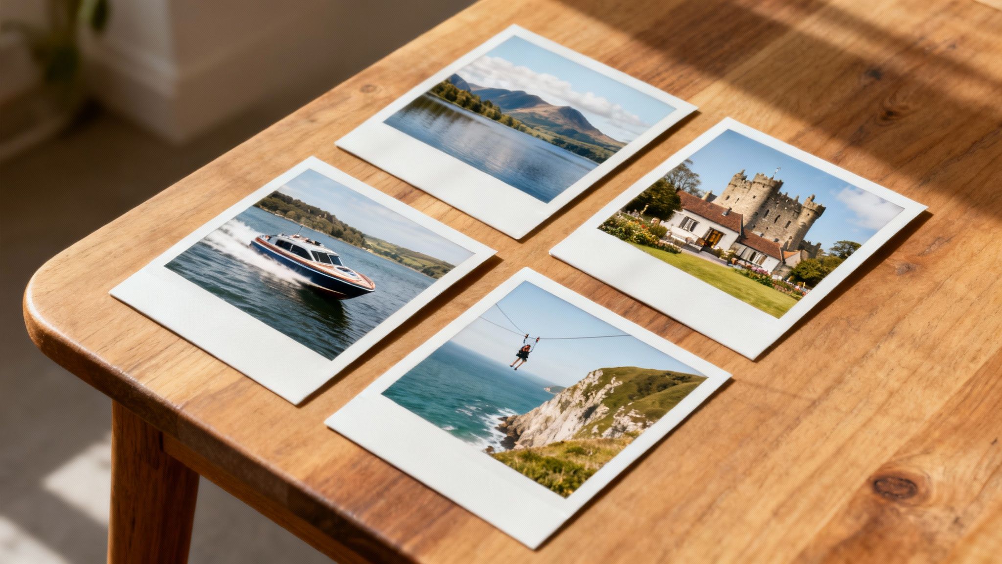 Four instant photos showcasing diverse travel experiences, including nature, adventure, and landmarks, on a wooden table.