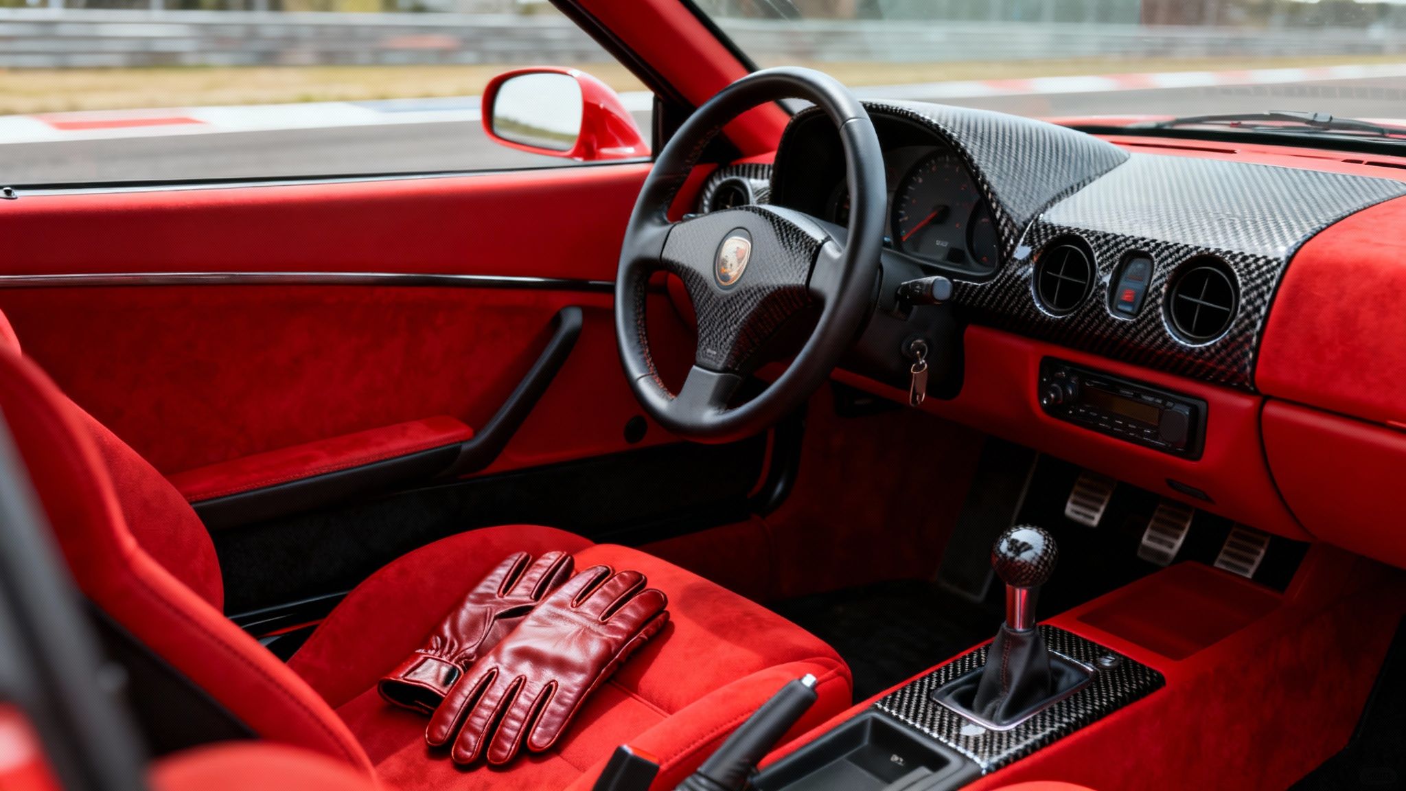 Interior view of a red sports car with carbon fiber accents, red driving gloves on the seat, on a race track.
