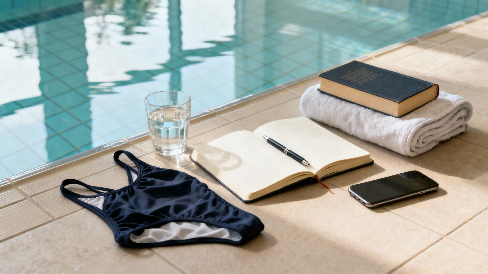 Essential items for a relaxing solo spa day by the pool: swimsuit, water, book, and notebook.