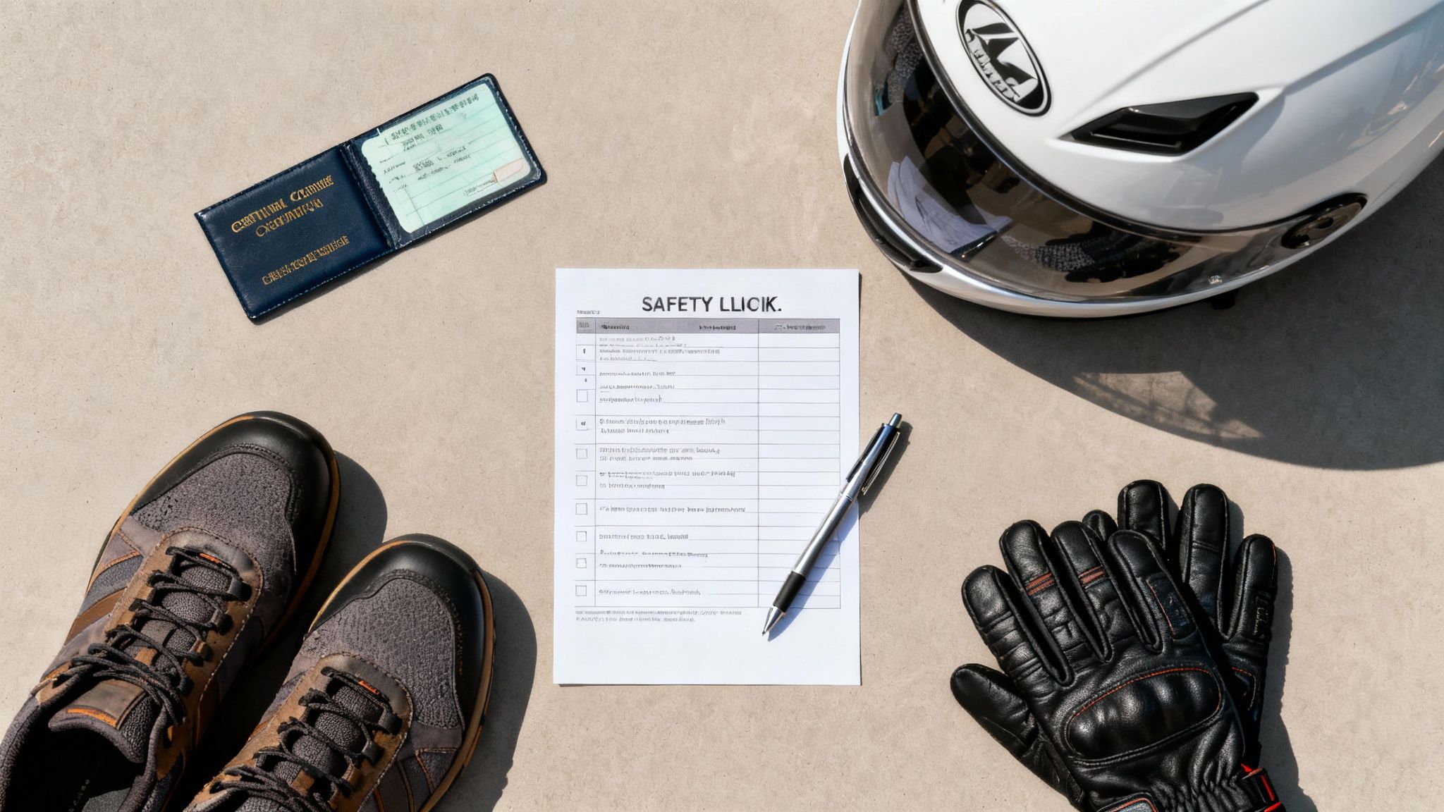 Flat lay of motorcycle gear, including a white helmet, black gloves, shoes, documents, and a safety checklist with a pen on a light surface.