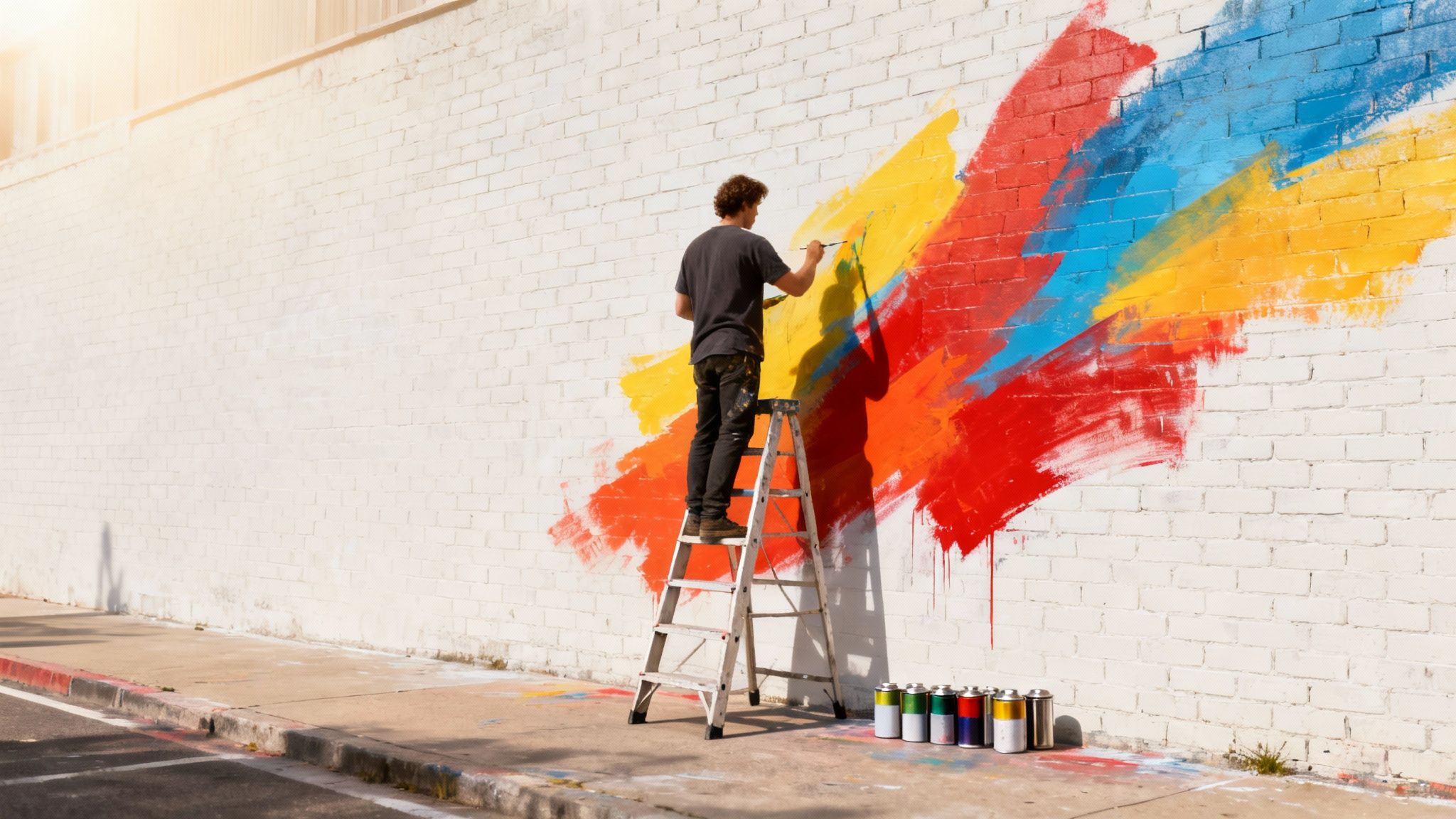 A man on a ladder paints a colorful mural with vibrant strokes on a white brick wall.