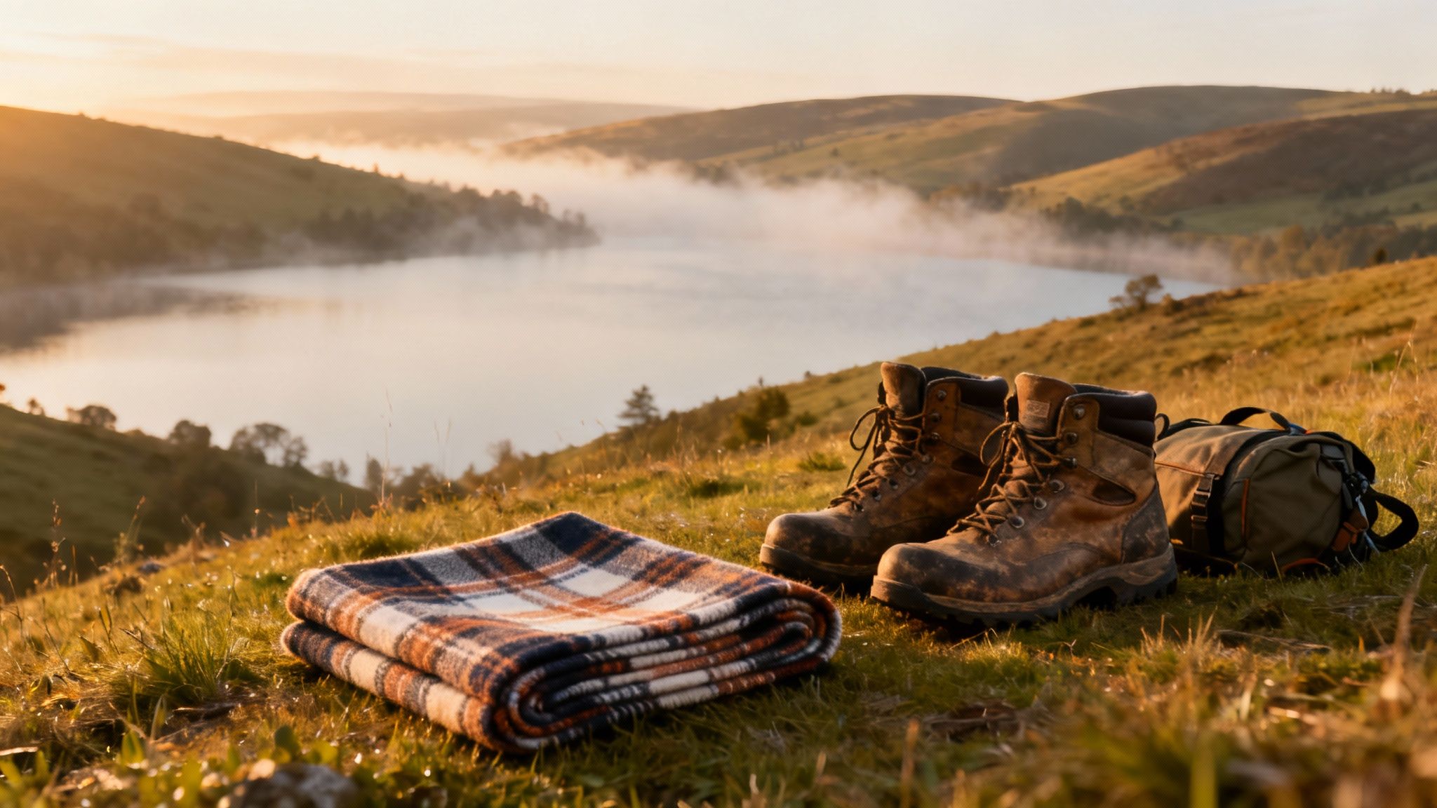Hiking boots, a plaid blanket, and a bag on a grassy hill overlooking a foggy lake at sunrise.
