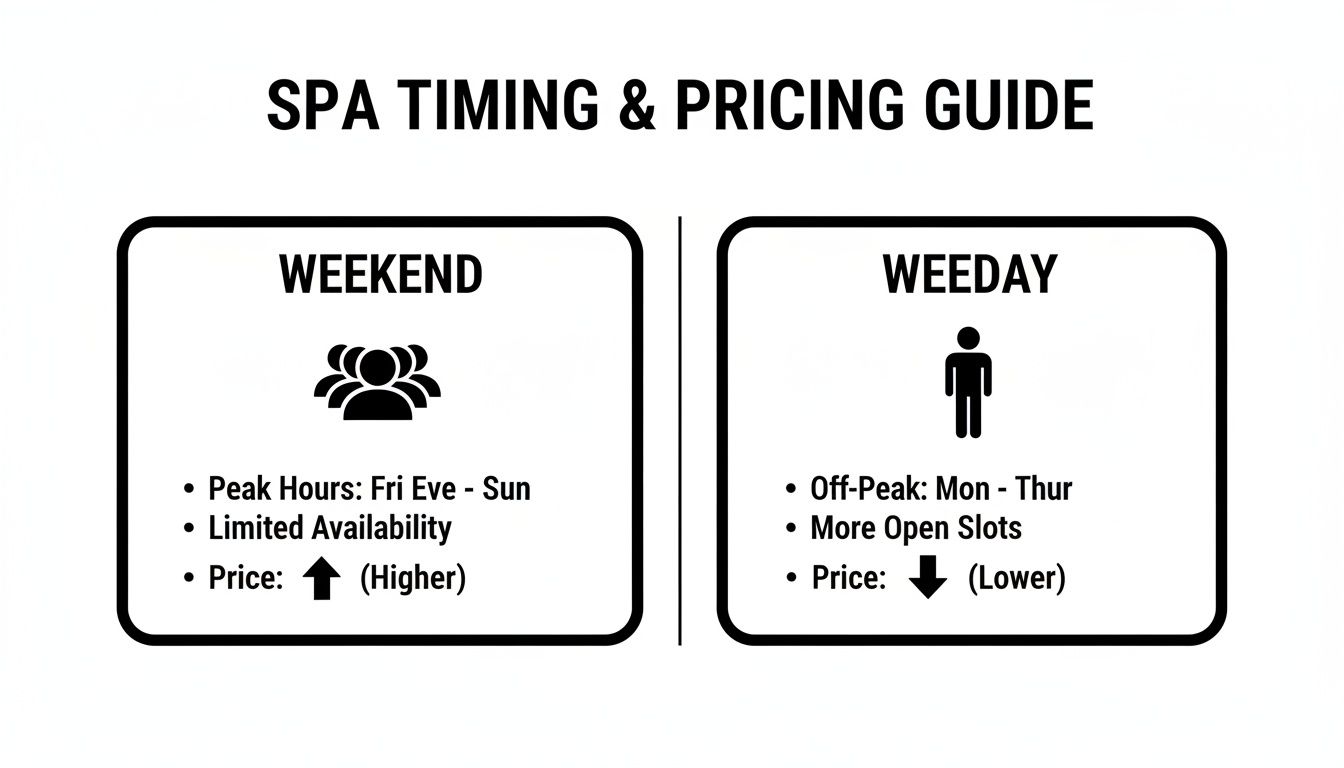 Spa timing and pricing guide comparing weekend peak hours with higher prices to weekday off-peak with lower prices.