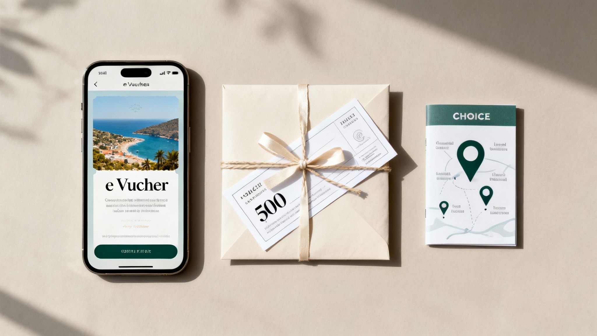 Flat lay of a smartphone displaying a travel voucher app, a gift-wrapped voucher, and a travel booklet.