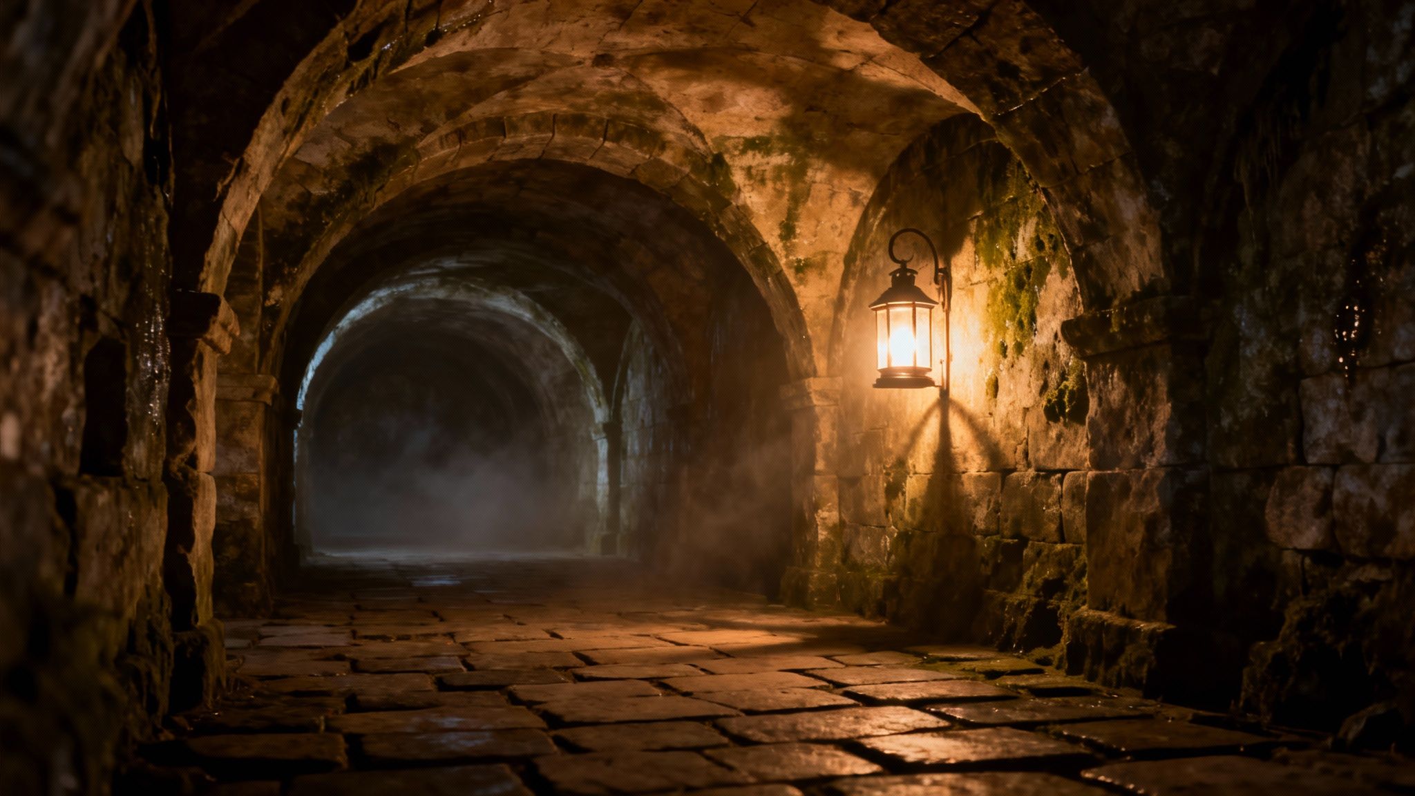 A dark, ancient stone tunnel with arched ceilings, illuminated by a single glowing lantern on the right wall, with mist on the floor.