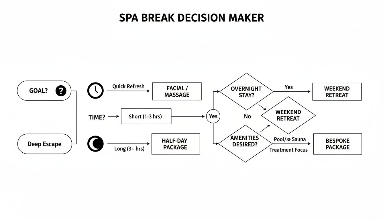 Decision-making flowchart for a spa break, guiding choices based on goals, time, and amenities.
