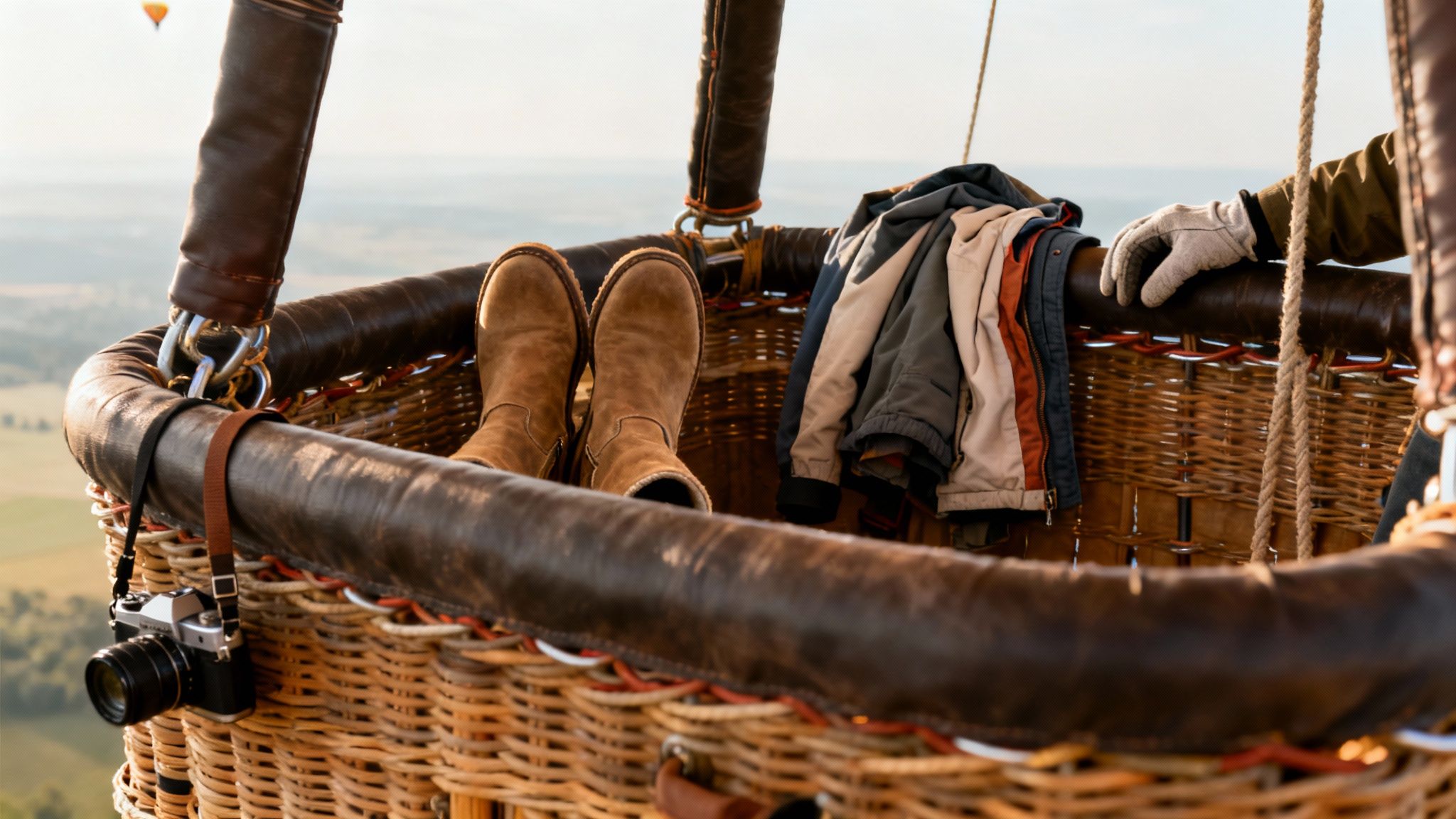 Inside a hot air balloon basket, feet in boots rest beside a camera, clothes, and gloved hand.