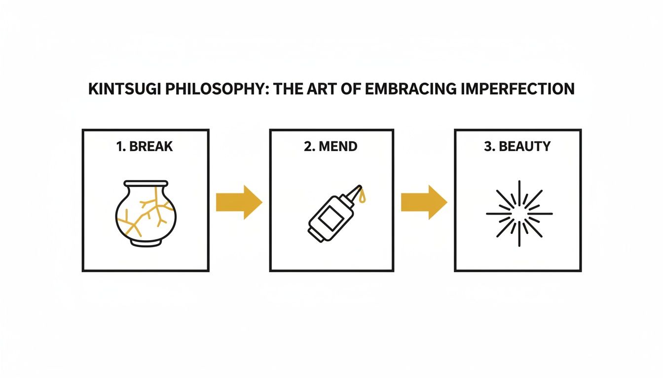 A diagram illustrating Kintsugi philosophy: break a pot, mend it with gold, resulting in unique beauty.