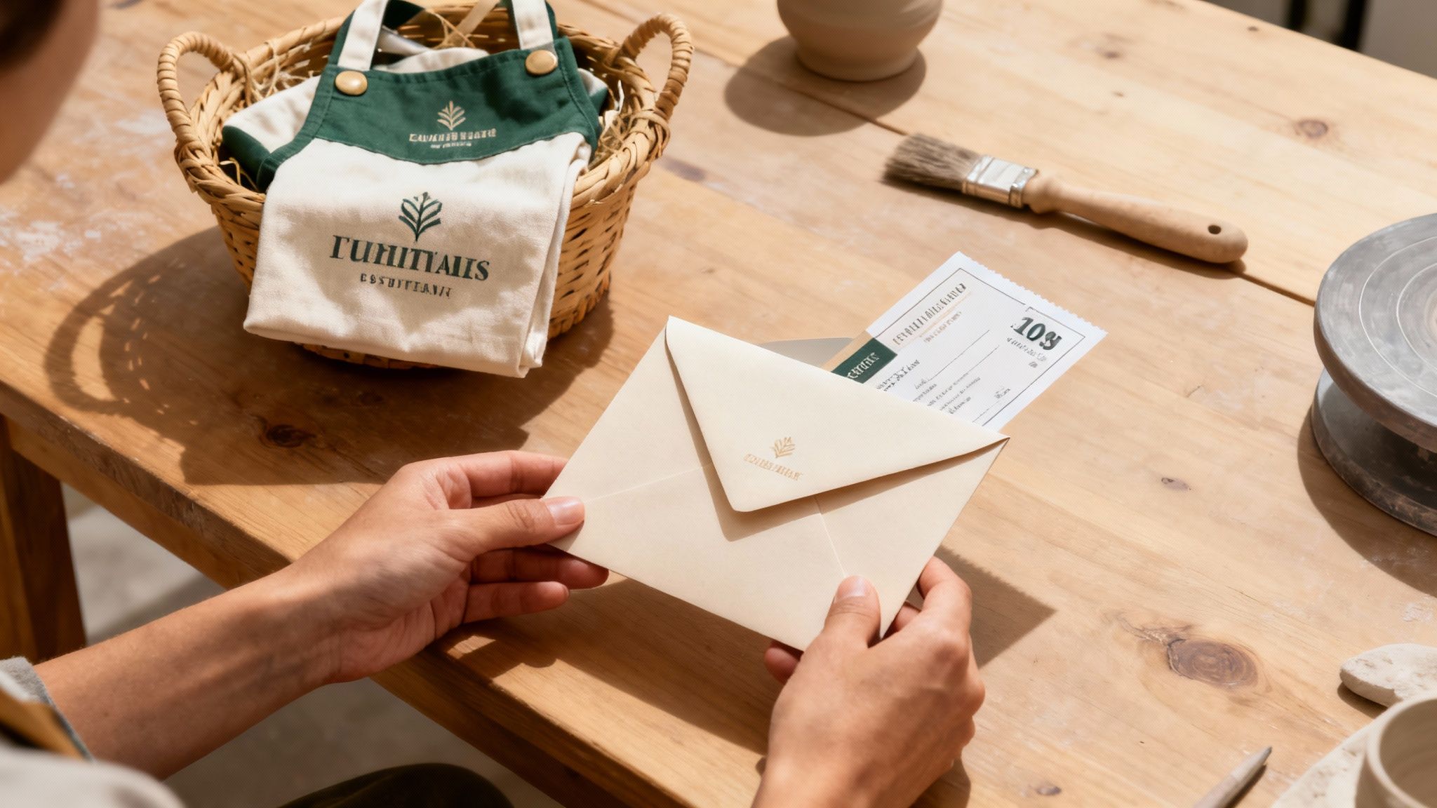 Couple receiving a personalized gift basket with a gift voucher inside