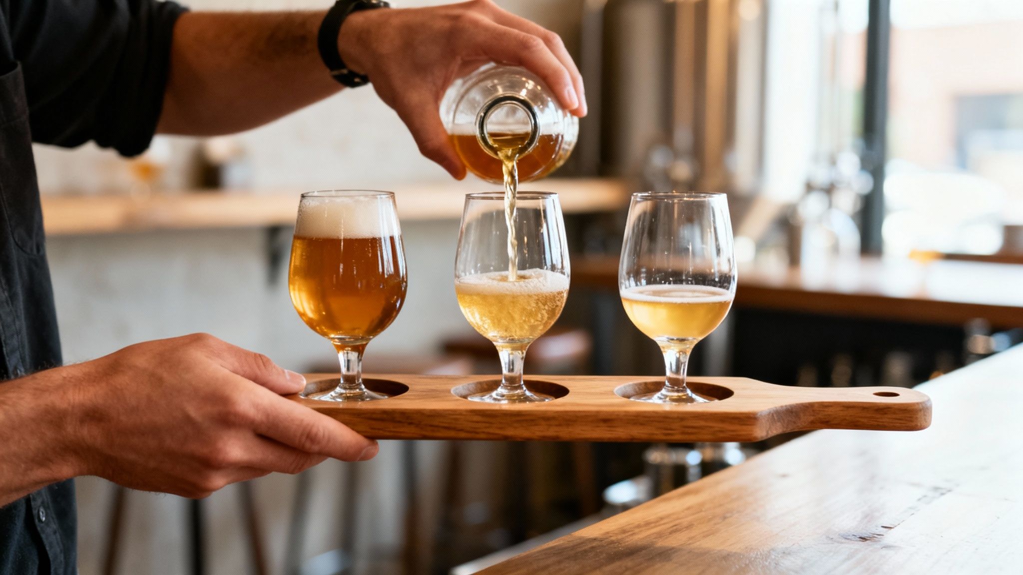 Close-up of a person pouring craft beer into tasting glasses on a wooden flight at a brewery.