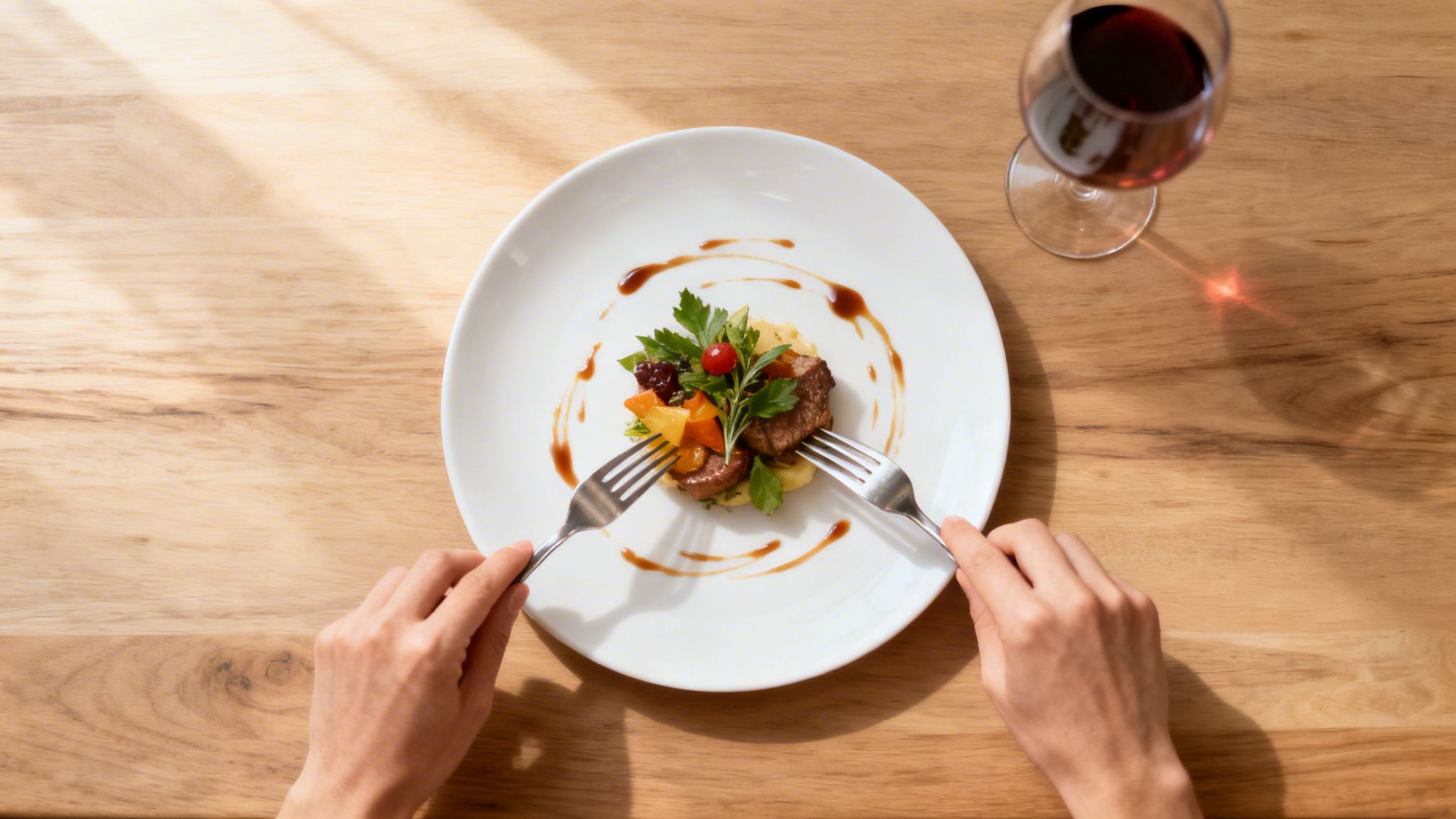 Overhead shot of hands with forks, ready to eat a gourmet meal and red wine on a wooden table.
