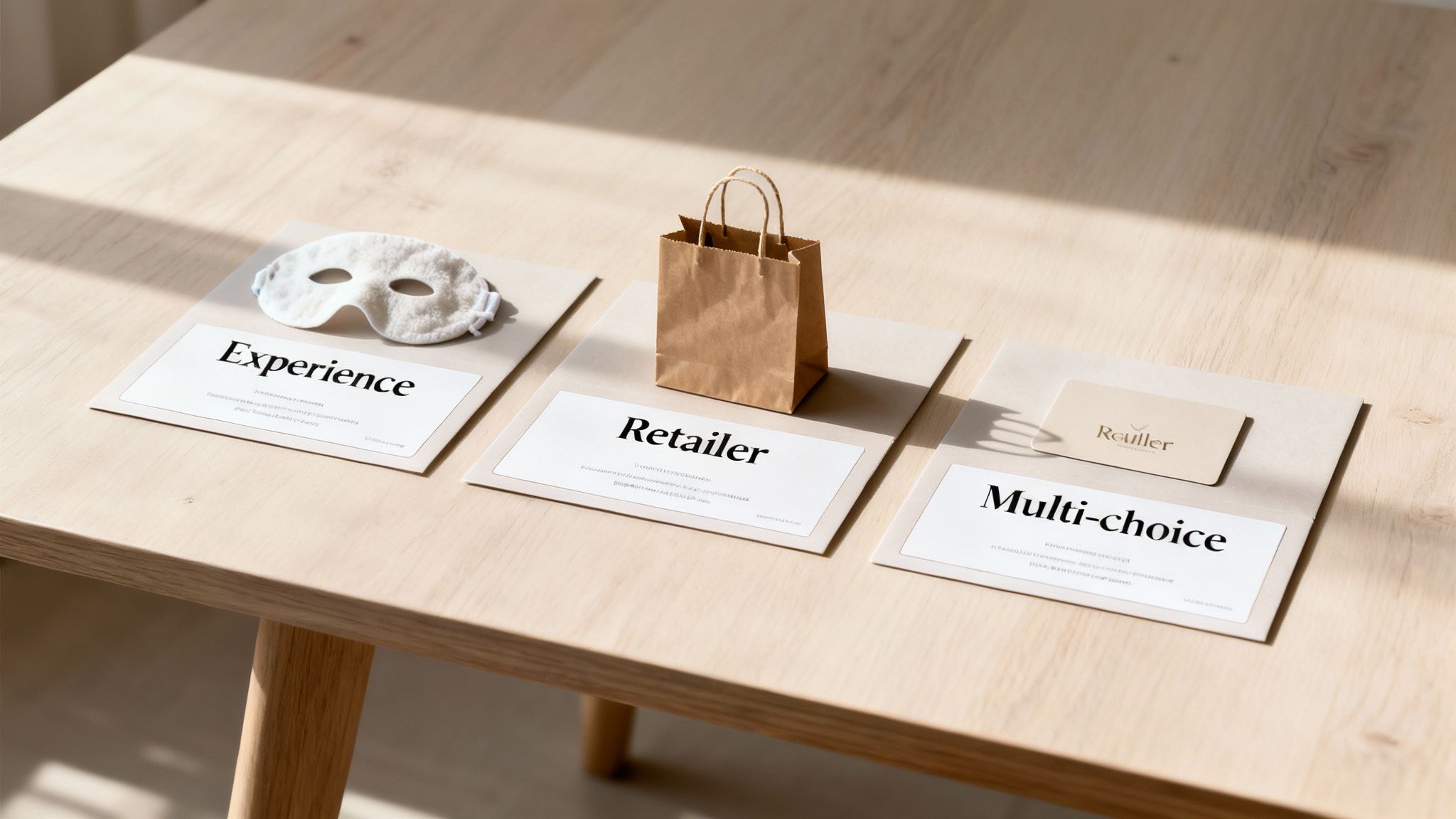 Three cards with 'Experience', 'Retailer', 'Multi-choice' next to a sleep mask, bag, and gift card.