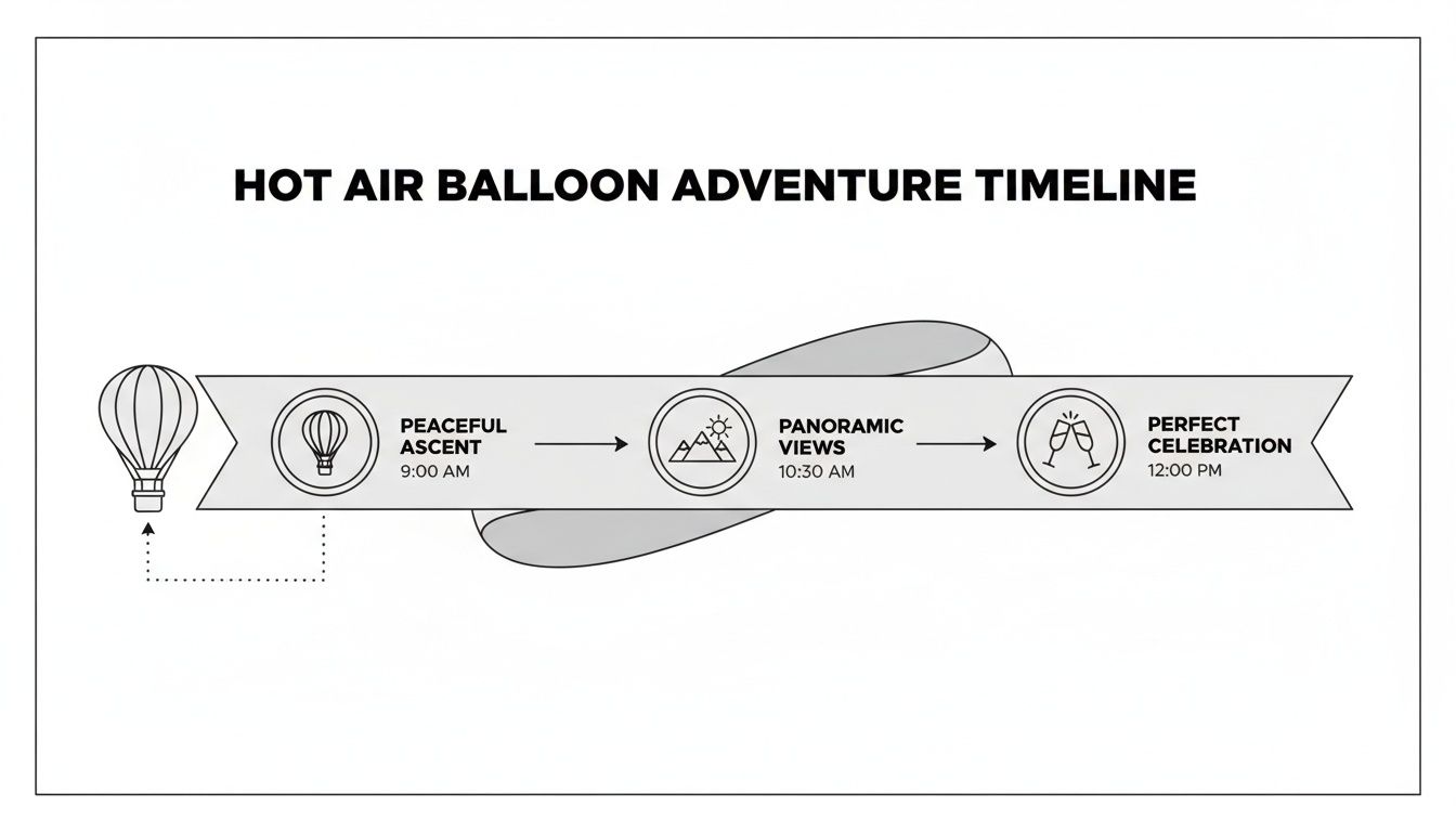 A hot air balloon adventure timeline with three stages: peaceful ascent, panoramic views, and perfect celebration.