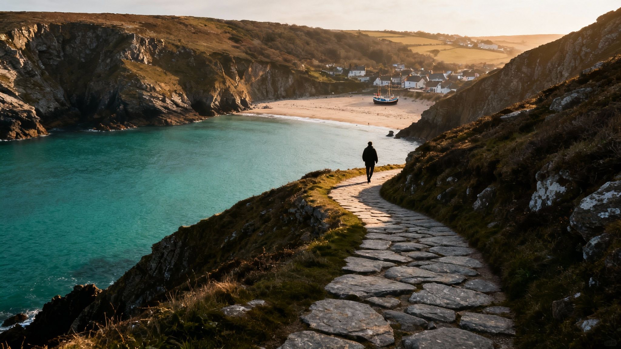 A person walks on a cobbled path overlooking a stunning turquoise bay and beach village.