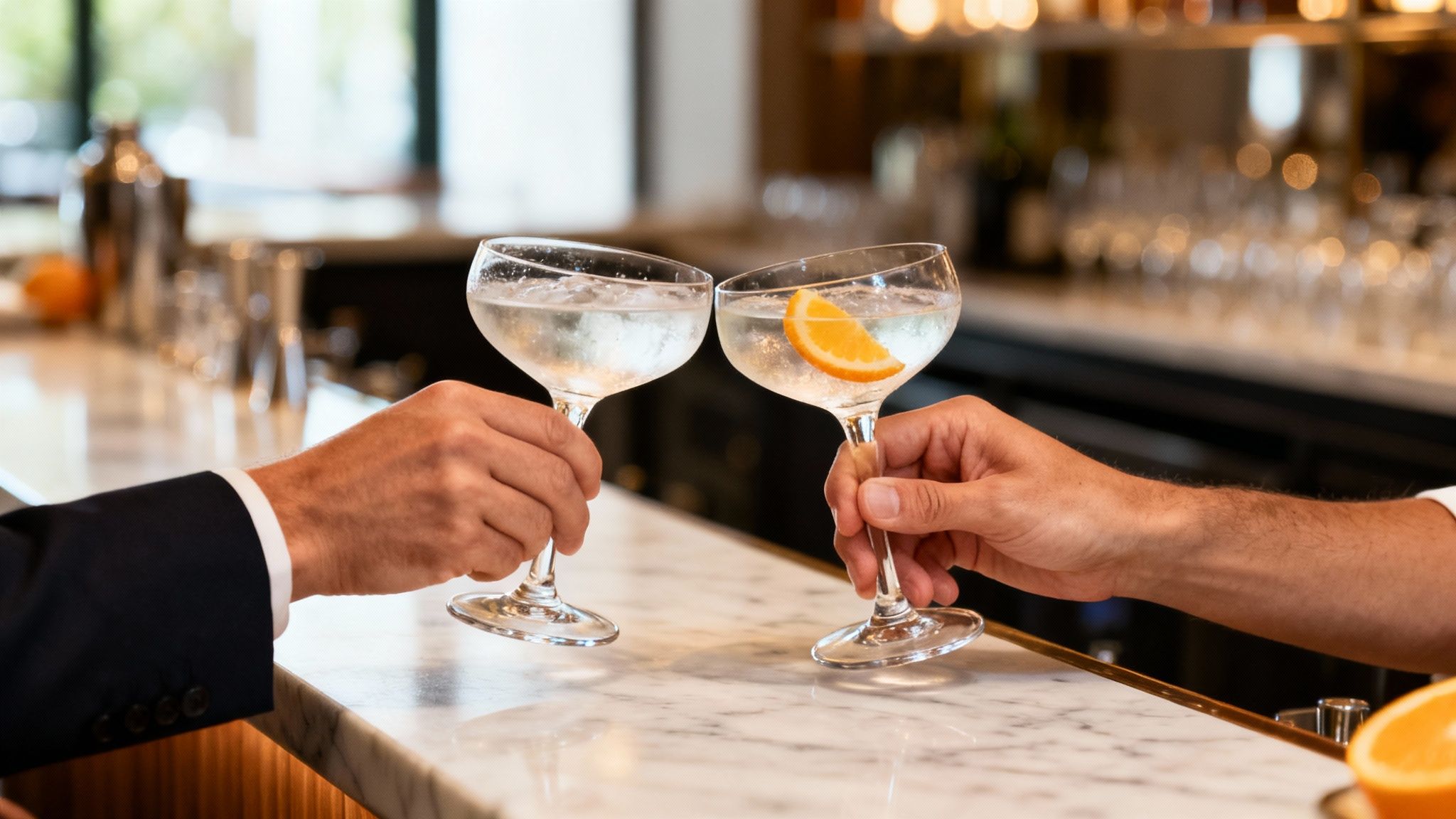 Close-up of two hands toasting with cocktails on a marble bar counter.