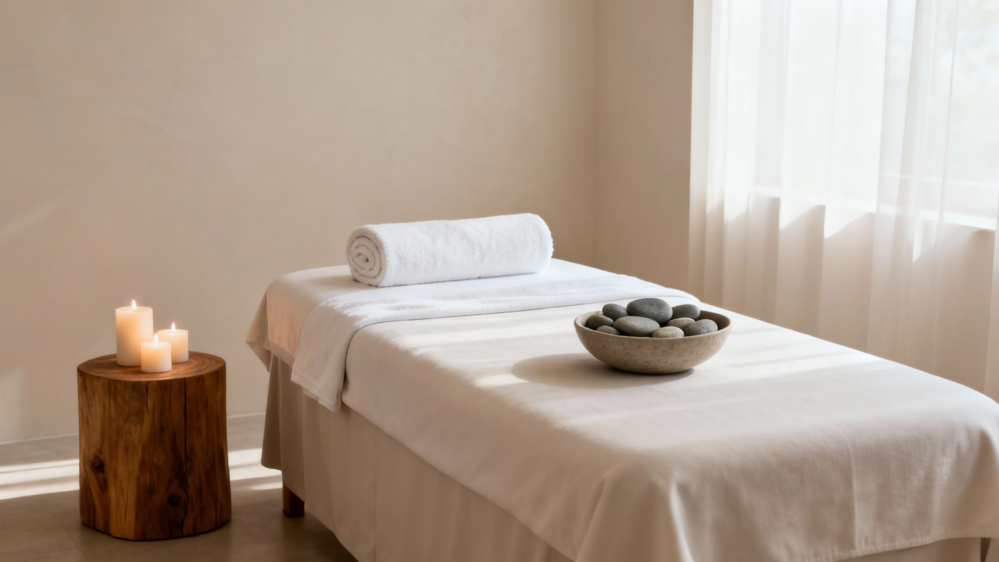 A tranquil spa room with a massage table, hot stones, and lit candles, creating a relaxing atmosphere.