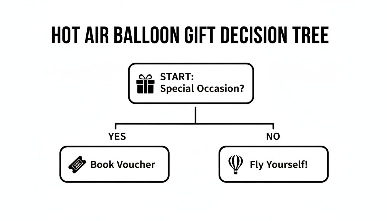 Hot air balloon gift decision tree flowchart, guiding you to book a voucher or fly yourself.