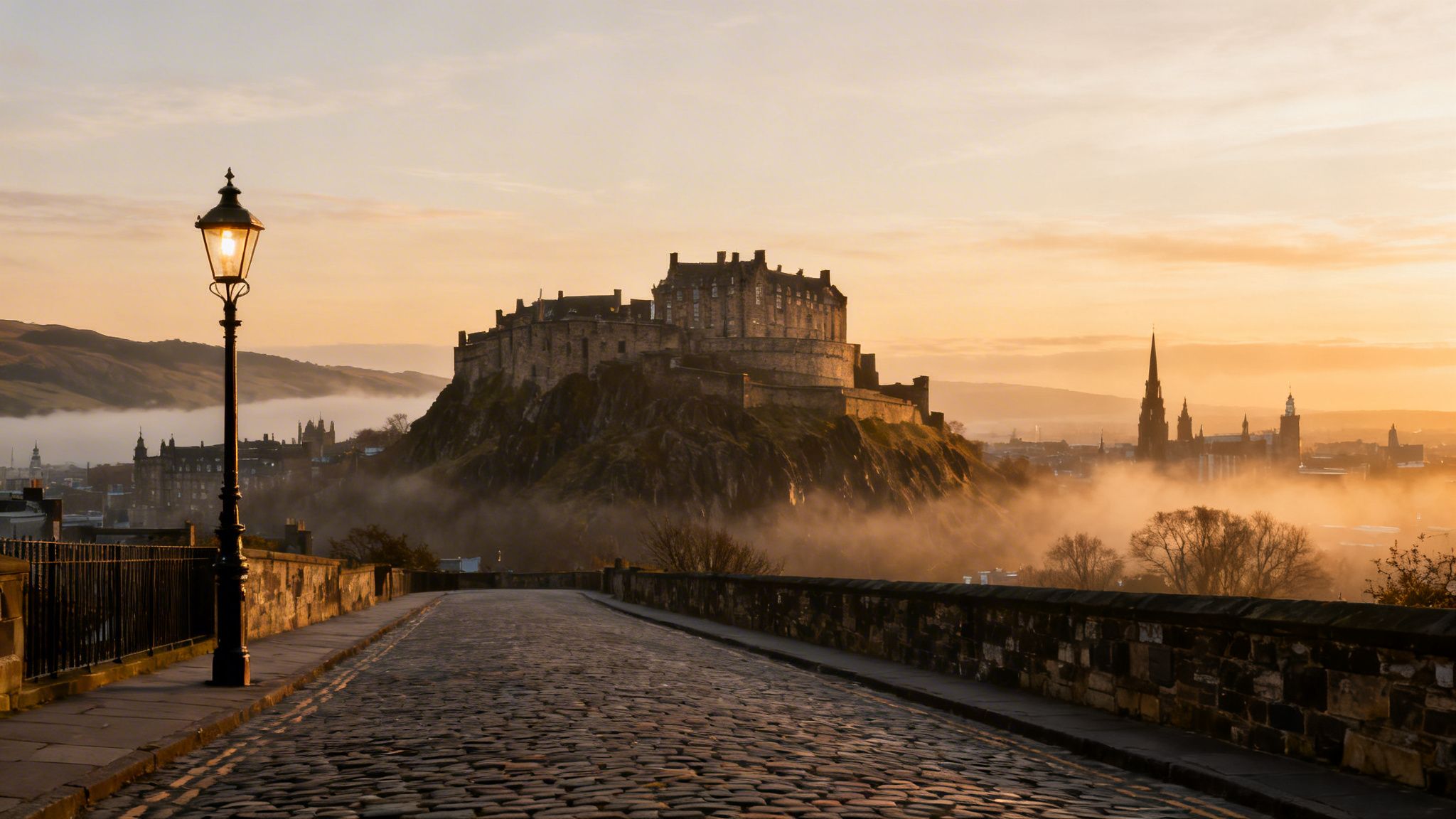 Edinburgh Castle at sunrise, shrouded in mist, with a glowing lamppost and cobbled street.