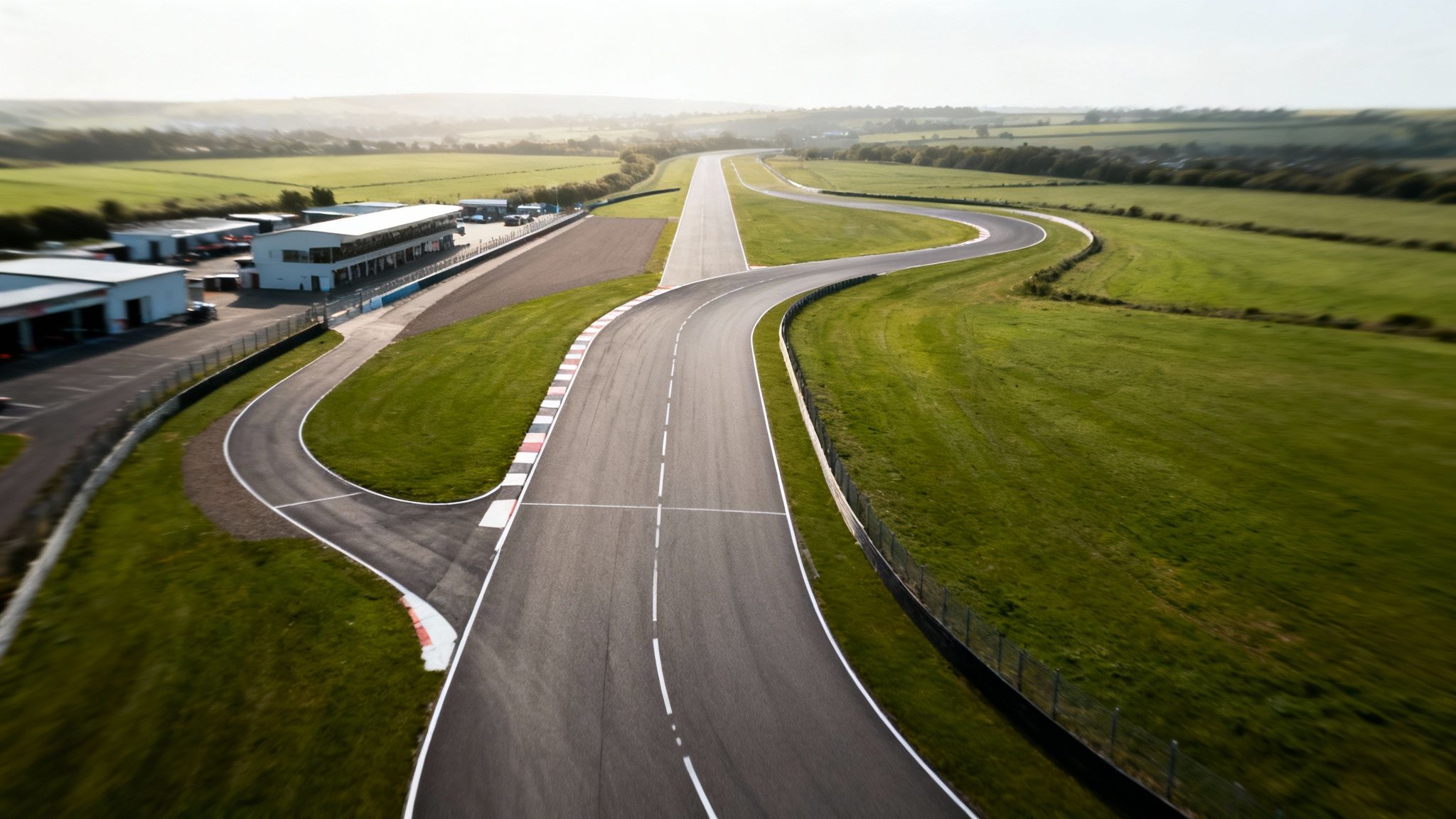 Aerial view of a winding race track with pit buildings surrounded by green fields on a bright day.