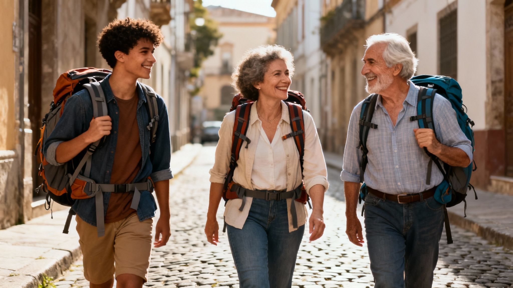 Three happy multi-generational travelers with backpacks walking together on a sunny, old European street.